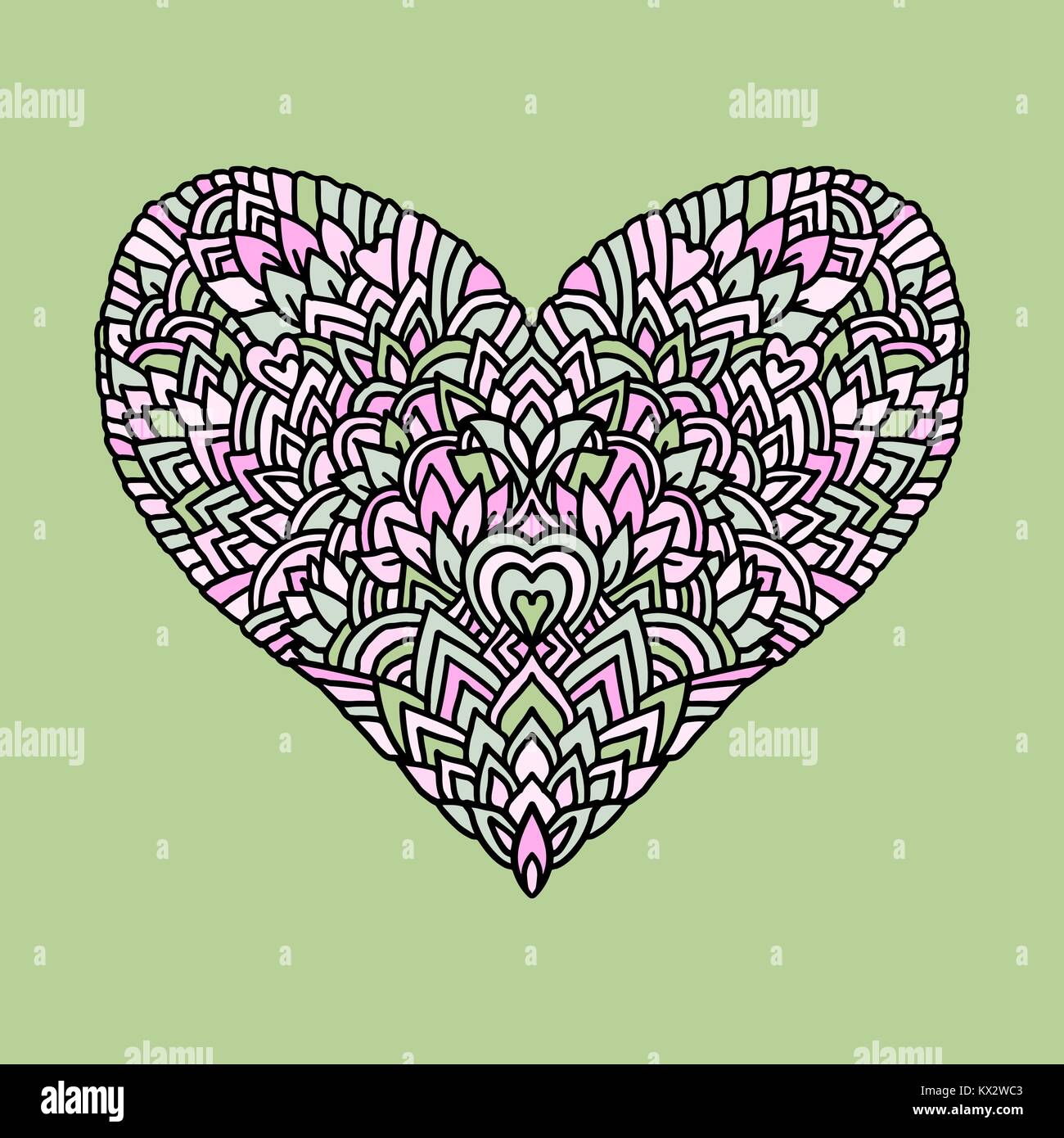 Handdrawn zentangle heart. Mandala style design for St. Valentine day cards. Coloring book pattern. Vector doodle illustration. Stock Vector