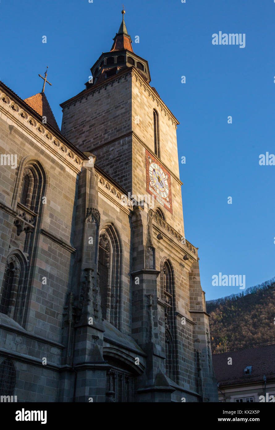 the central square of the old town. Brasov. Transylvania. View from above. The buildings, the people on the square like little ants. An interesting effect. Stock Photo