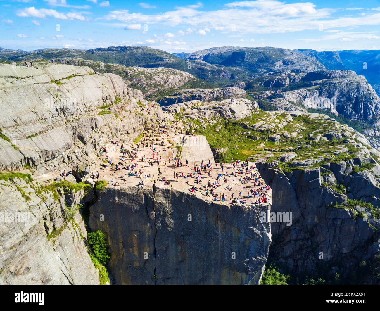 Preikestolen or Prekestolen or Pulpit Rock aerial panoramic view, Norway. Preikestolen is a steep cliff which rises above the Lysefjord. Stock Photo