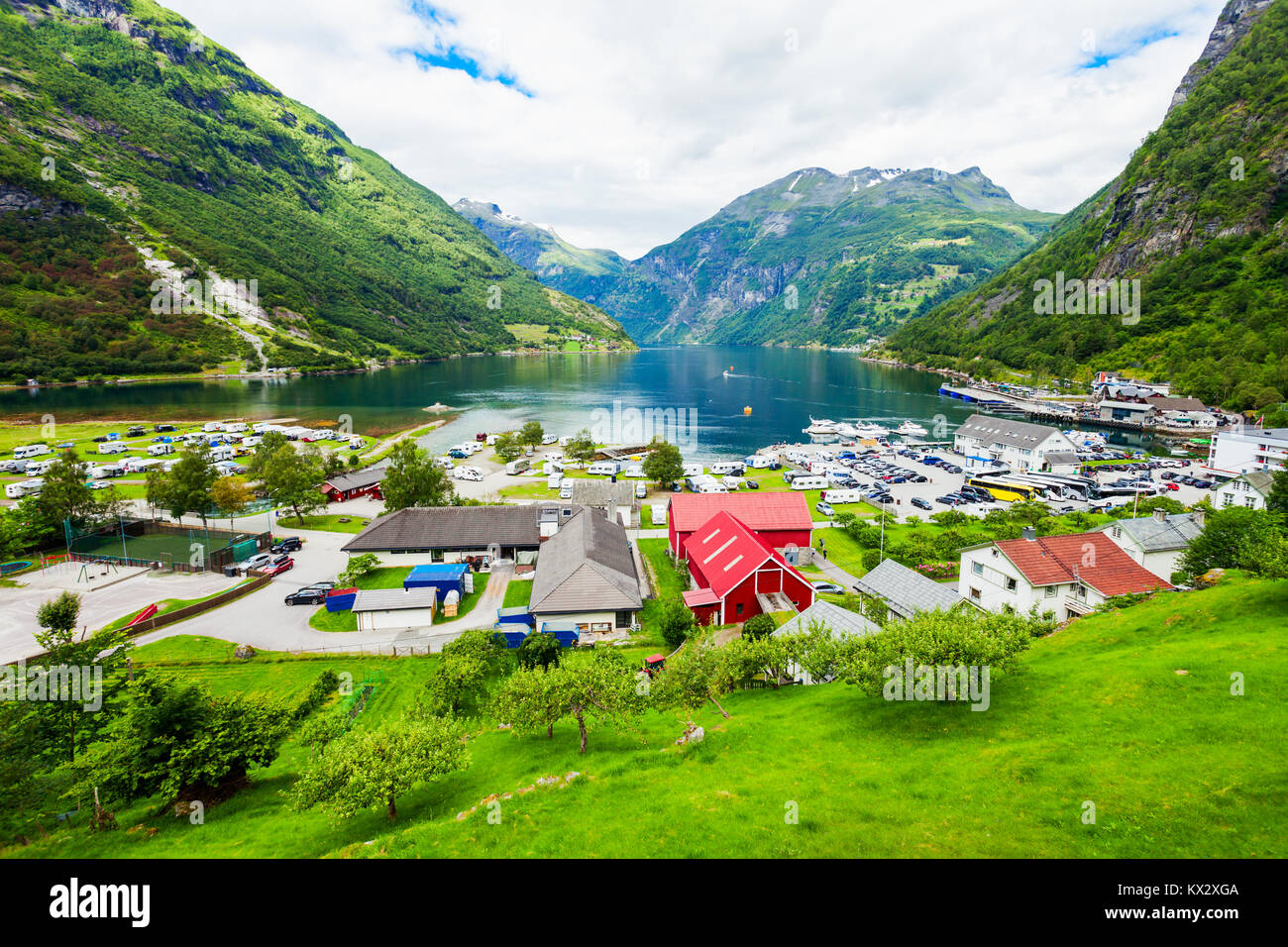 Geiranger is a small tourist village in Sunnmore region of Norway. Geiranger lies at the Geirangerfjord. Stock Photo