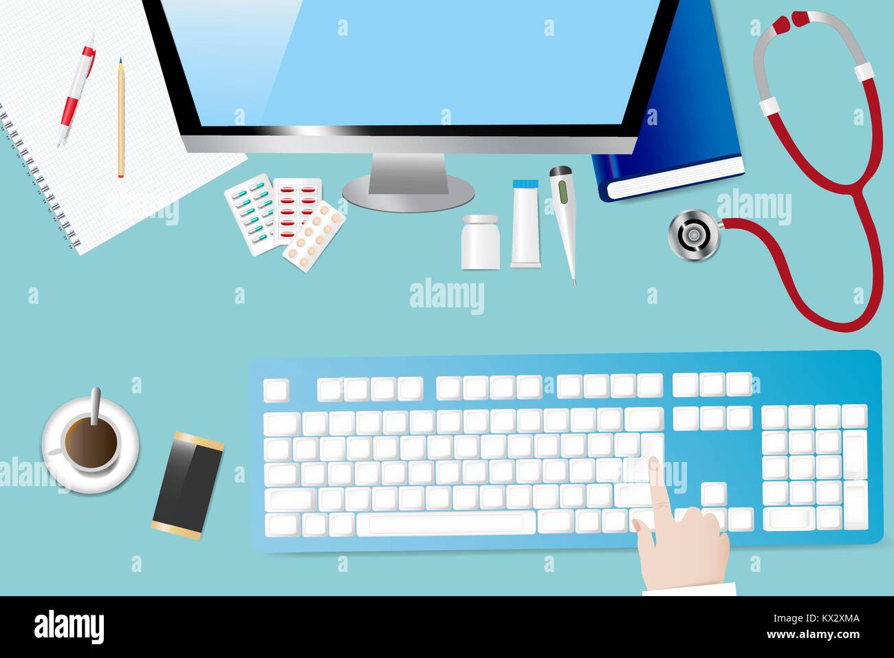Top view of a medical table with doctor accessories. Finger is touching computer keyboard. All potential trademarks are removed. Stock Vector