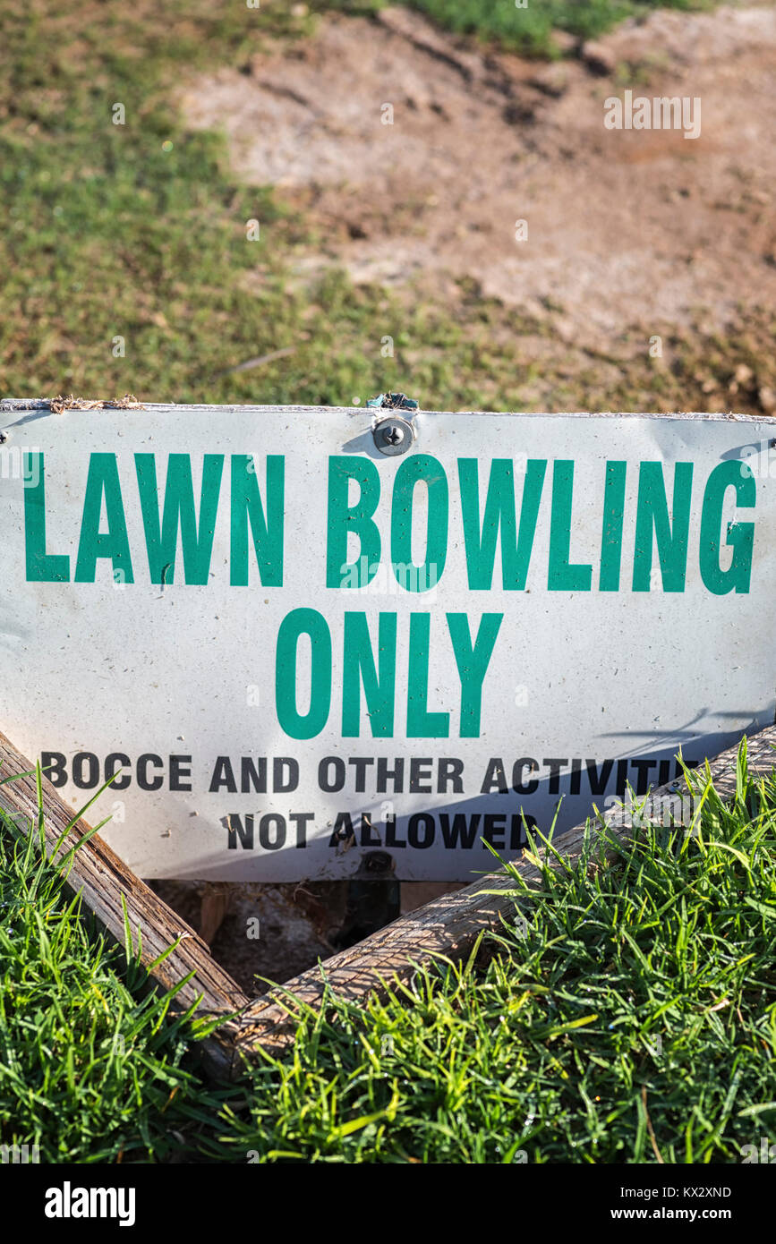 Lawn Bowling Only sign at Balboa Park, San Diego, California, USA. Stock Photo