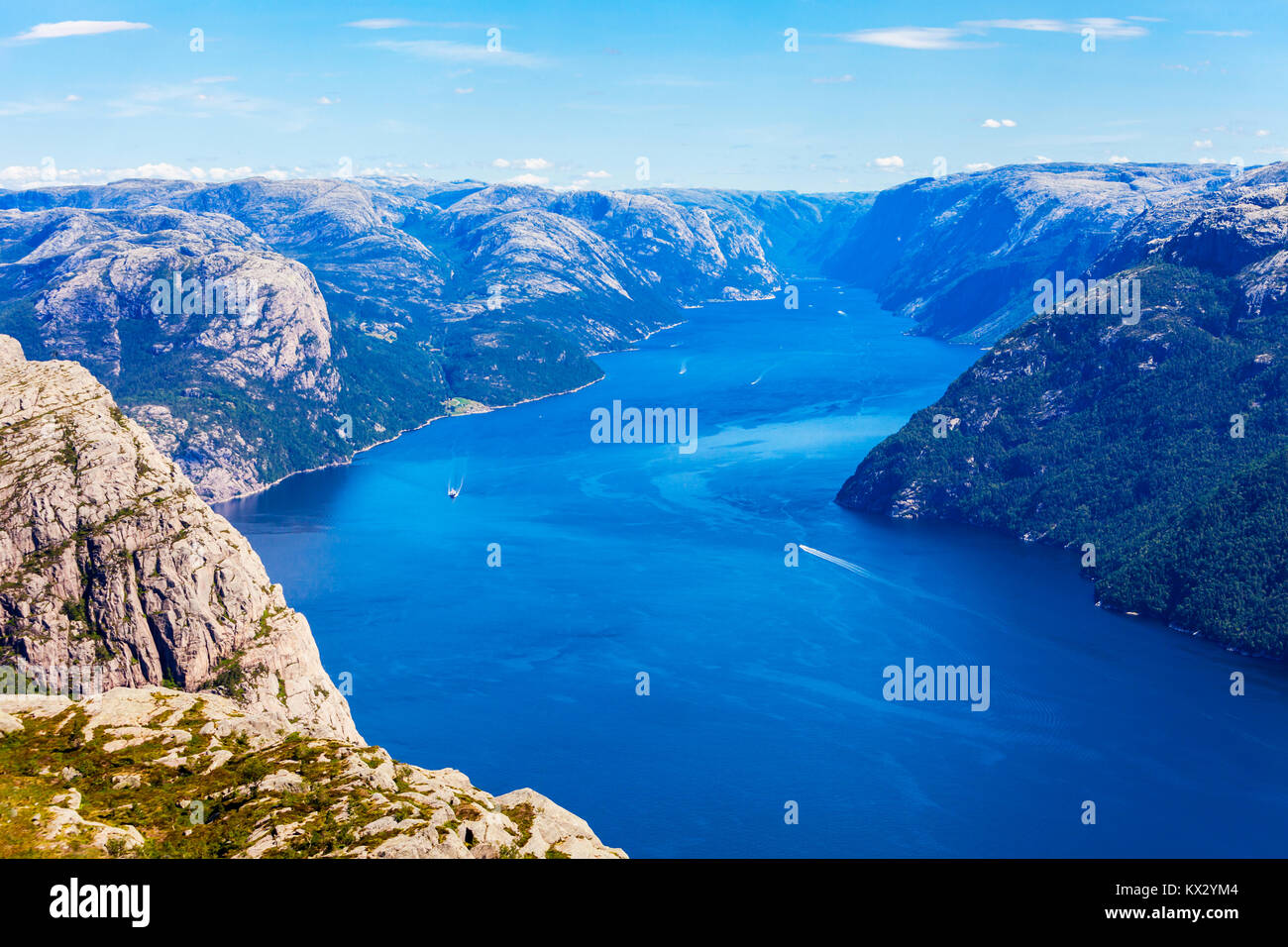 Lysefjord aerial panoramic view from the top of the Preikestolen cliff ...
