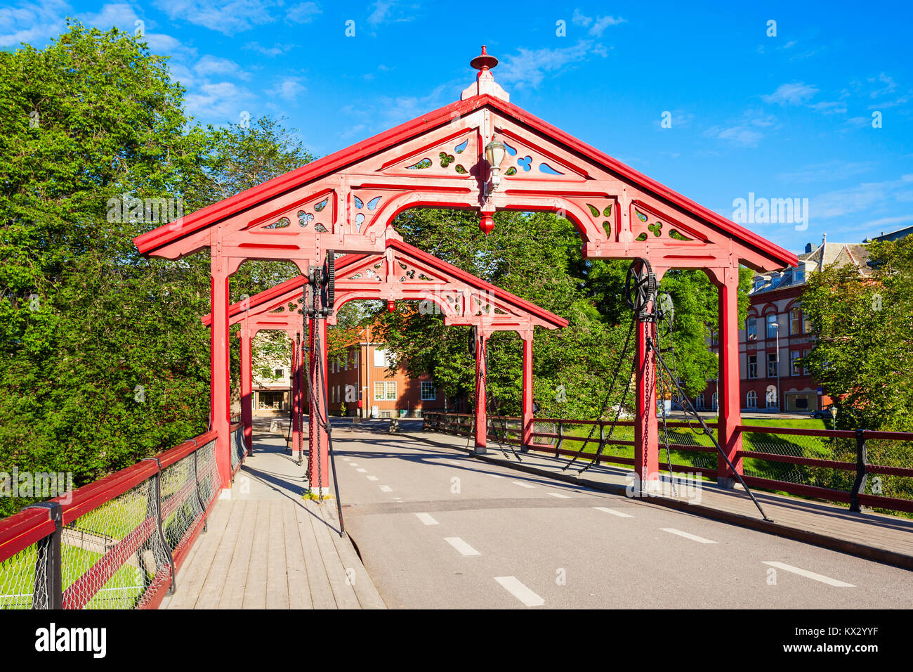 Old Town Bridge or Gamle Bybro or Bybroa is a bridge crosses Nidelva River in Trondheim, Norway Stock Photo