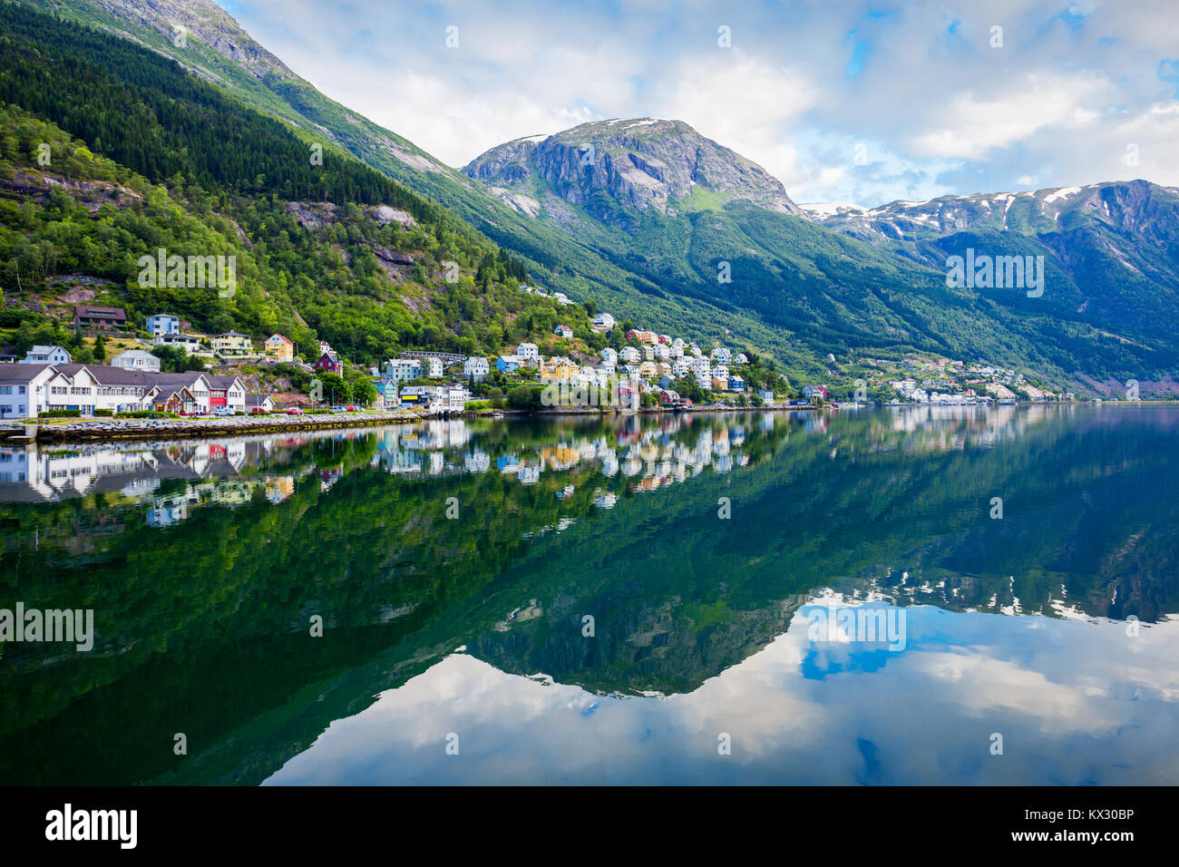 Odda is a town in Odda municipality in Hordaland county, Hardanger district in Norway. Located near Trolltunga rock formation. Stock Photo
