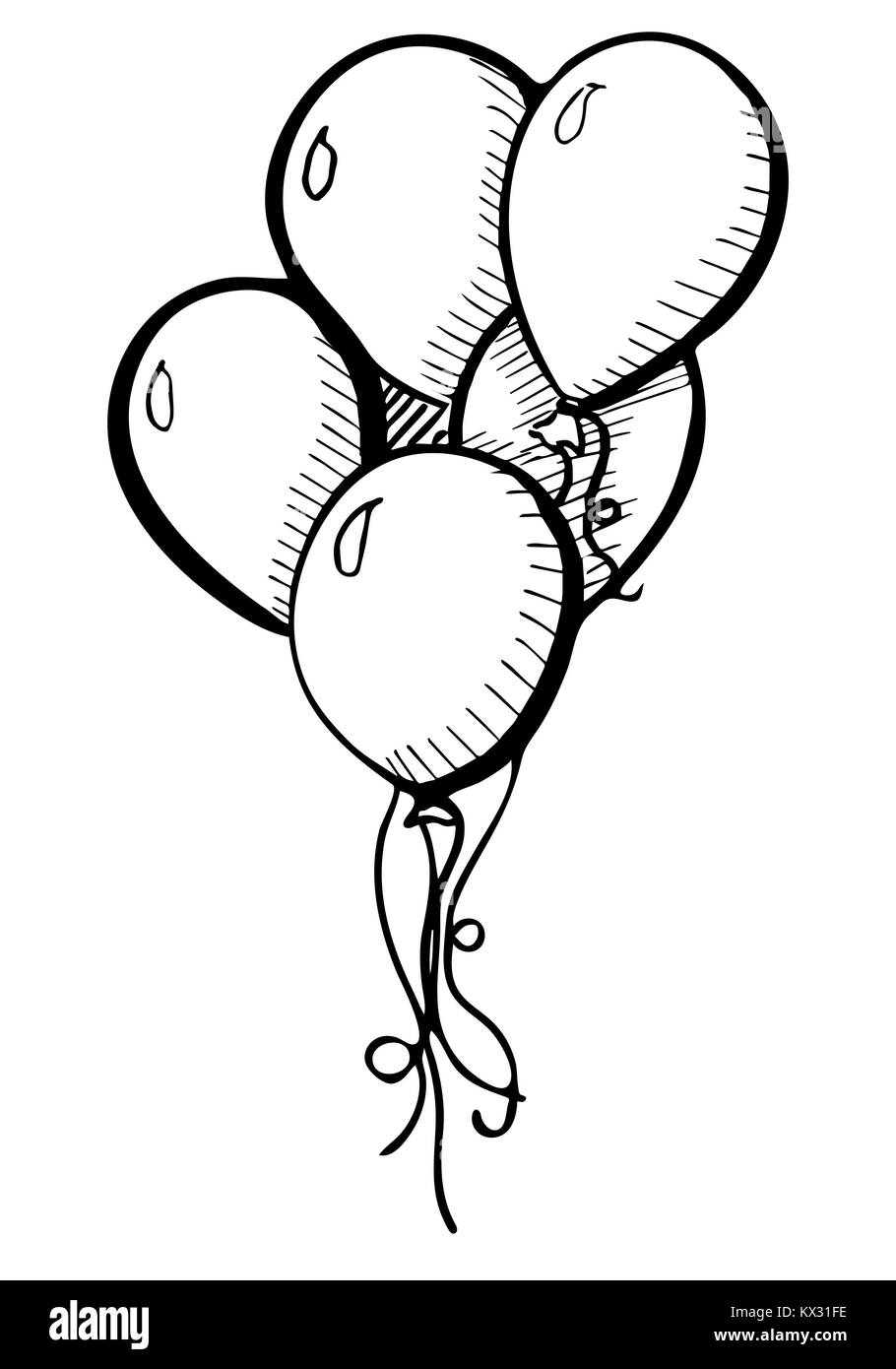 Group of balloons on a string. Hand drawn, isolated on a white