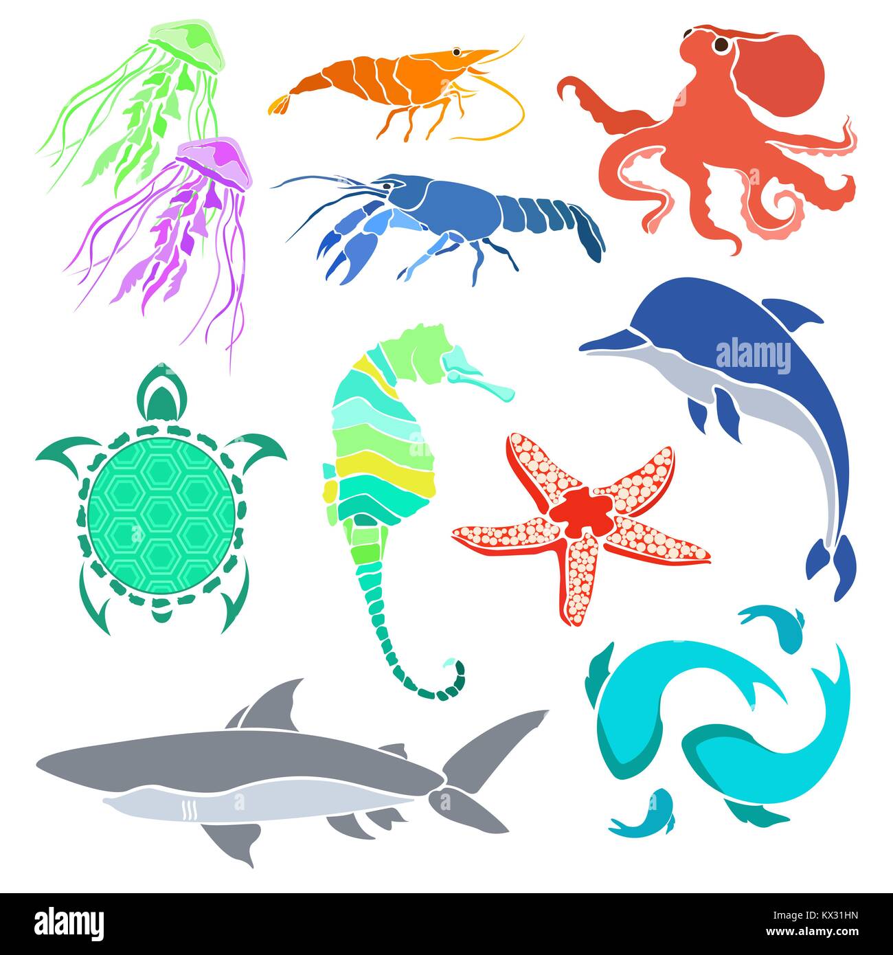 Silhouettes of various sea creatures. Shrimp, cancer, jellyfish, seahorse, fish and other creatures isolated on white background. Vector illustration. Stock Vector