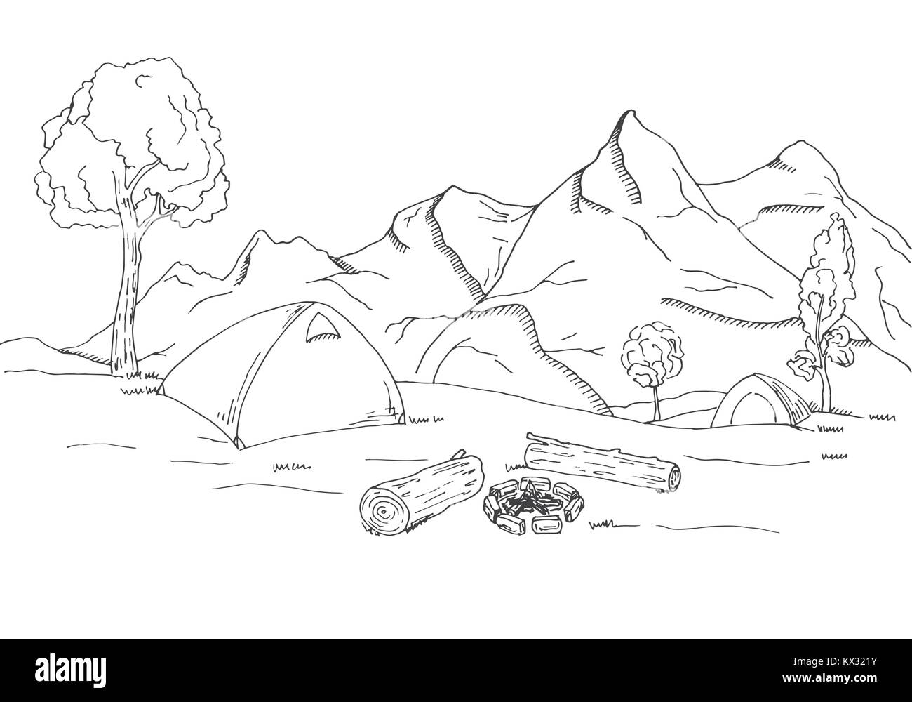 Premium Vector | Lake and mountain scenery illustration design sketch, with  black outline hand drawn style