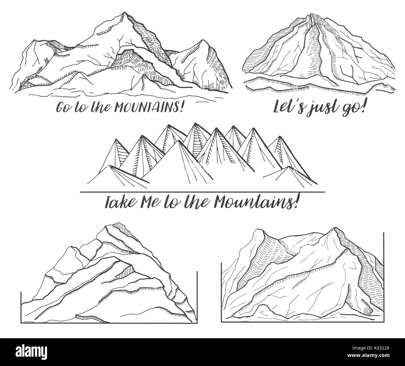 Set of different pictures with mountains.  Vector illustration of a sketch style. Stock Vector