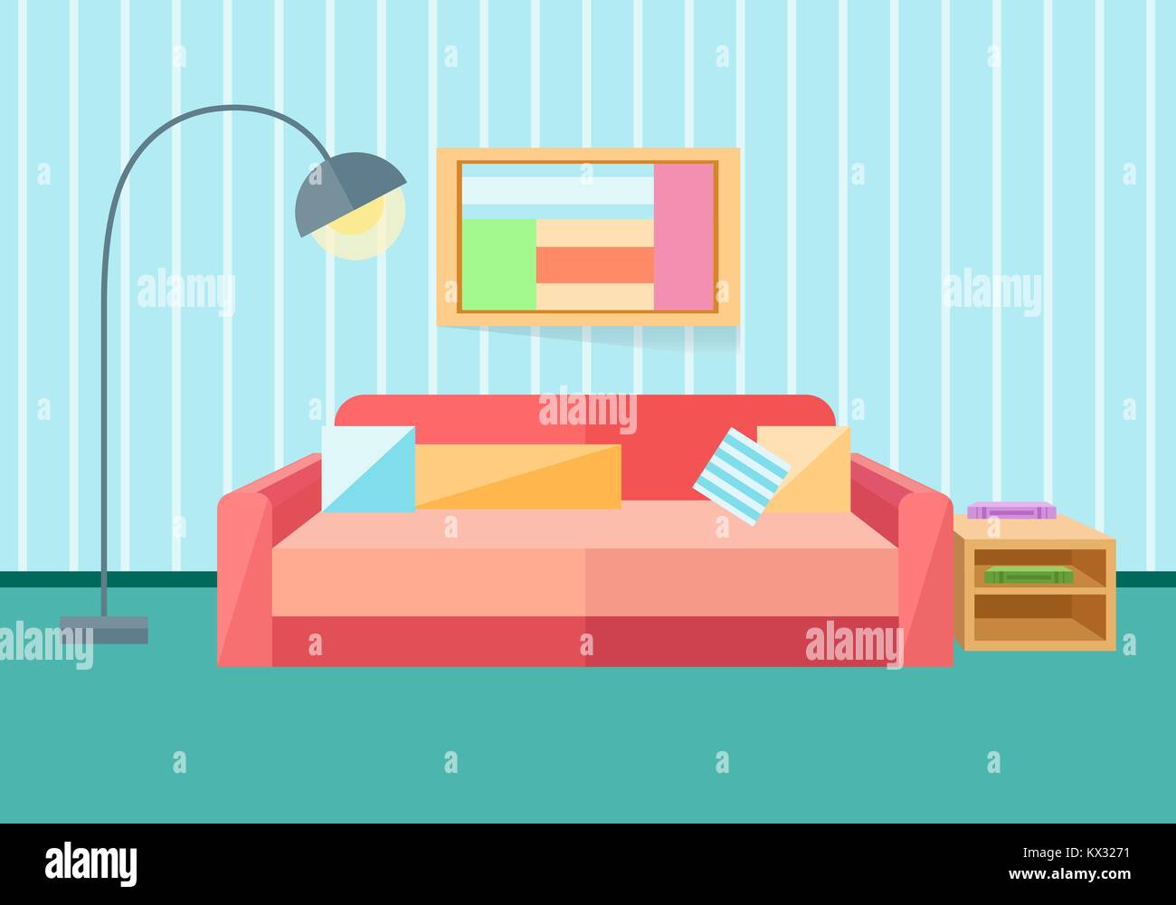 Interior in a flat style. Sofa, lamp. Vector illustration in a flat style. Stock Vector