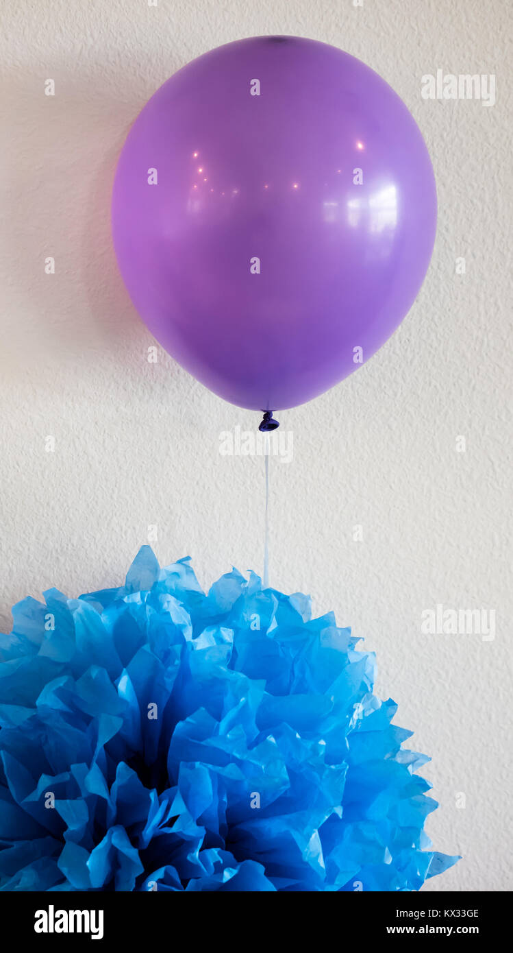 Single purple balloon with blue party decoration. Stock Photo
