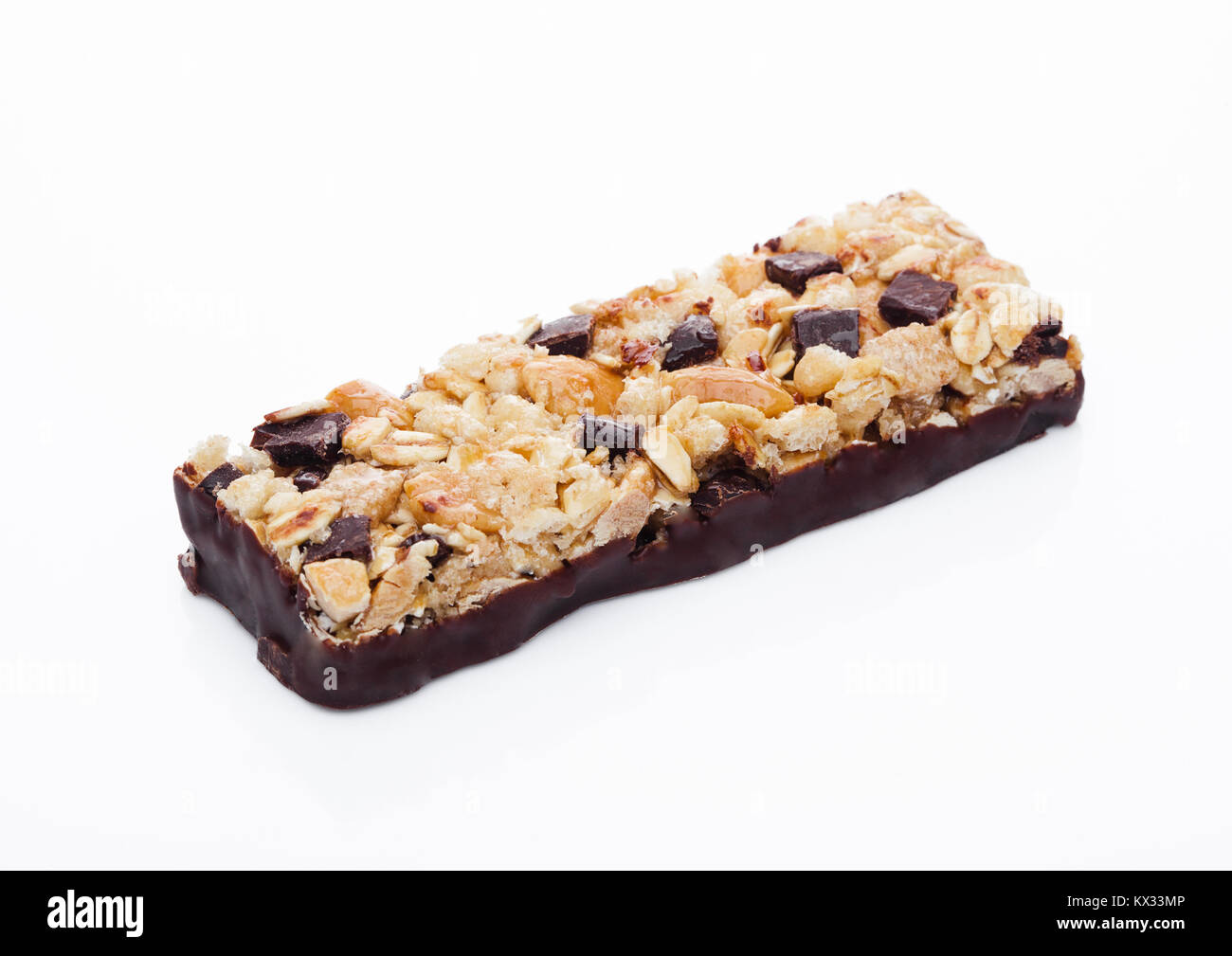 Chocolate protein cereal energy bar on white background Stock Photo - Alamy