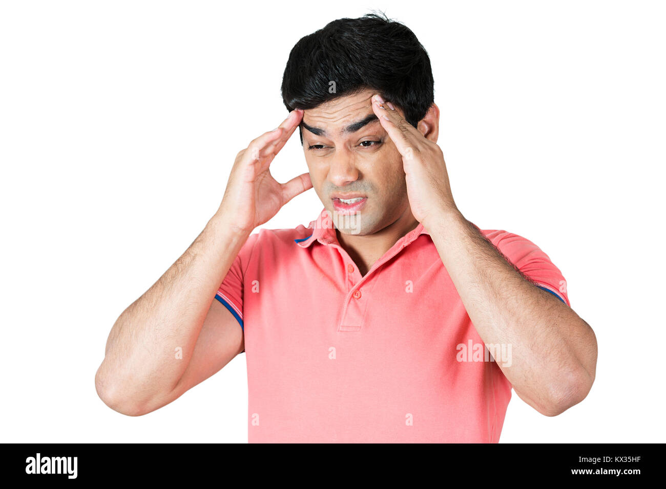 Sick 1 Male stressed suffers from headache pain Illness Stock Photo