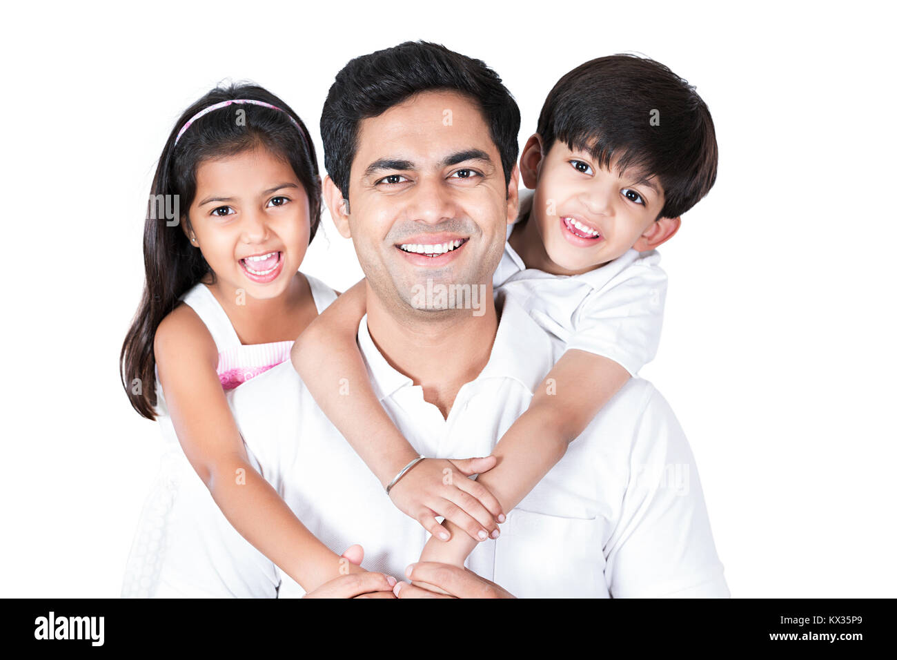Happy Father And Children Piggyback Riding Fun Cheerful Playful Stock Photo