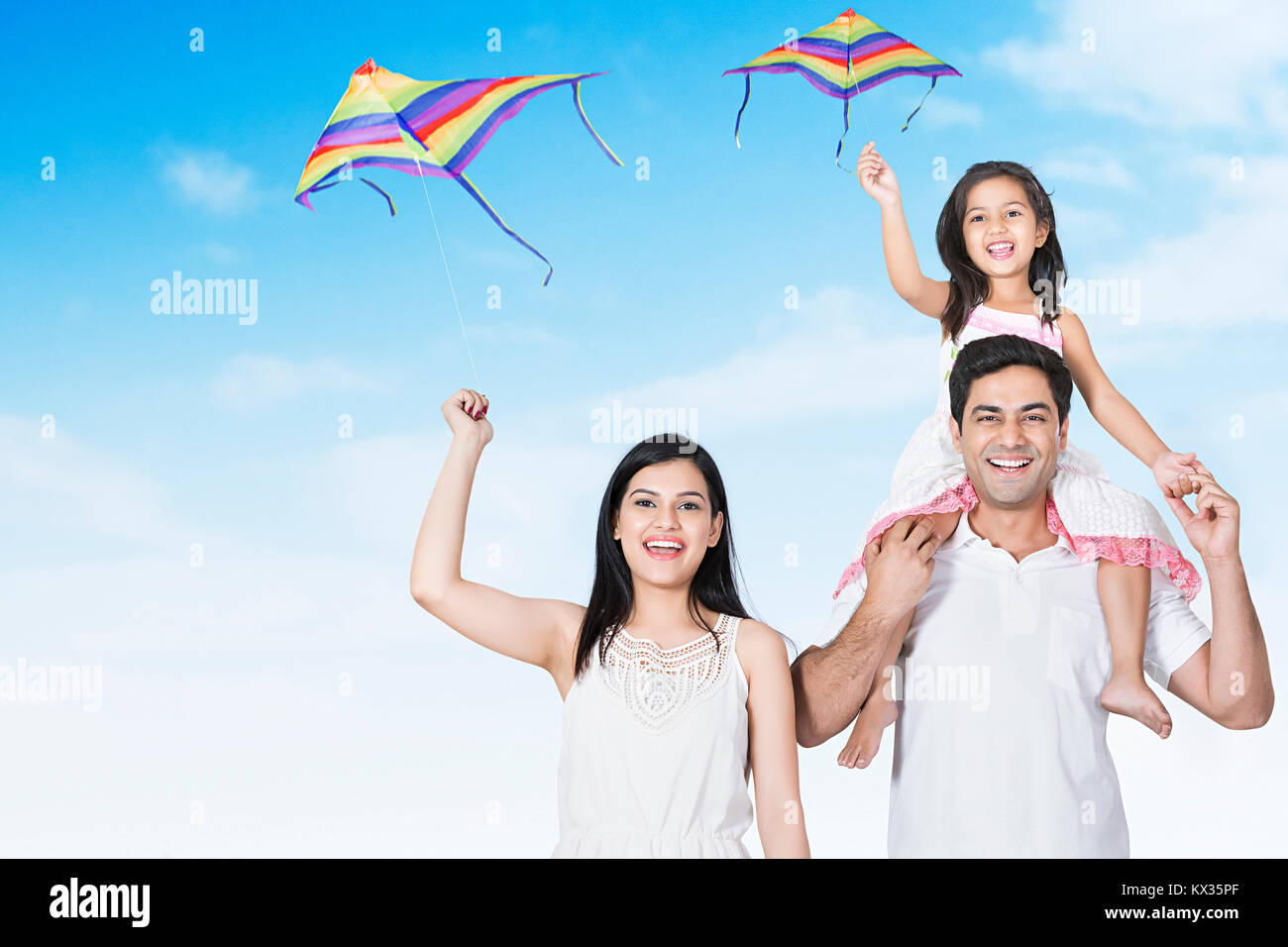 Happy Family Parents And Kids Fly Kite Outdoors Fun Enjoy Stock Photo