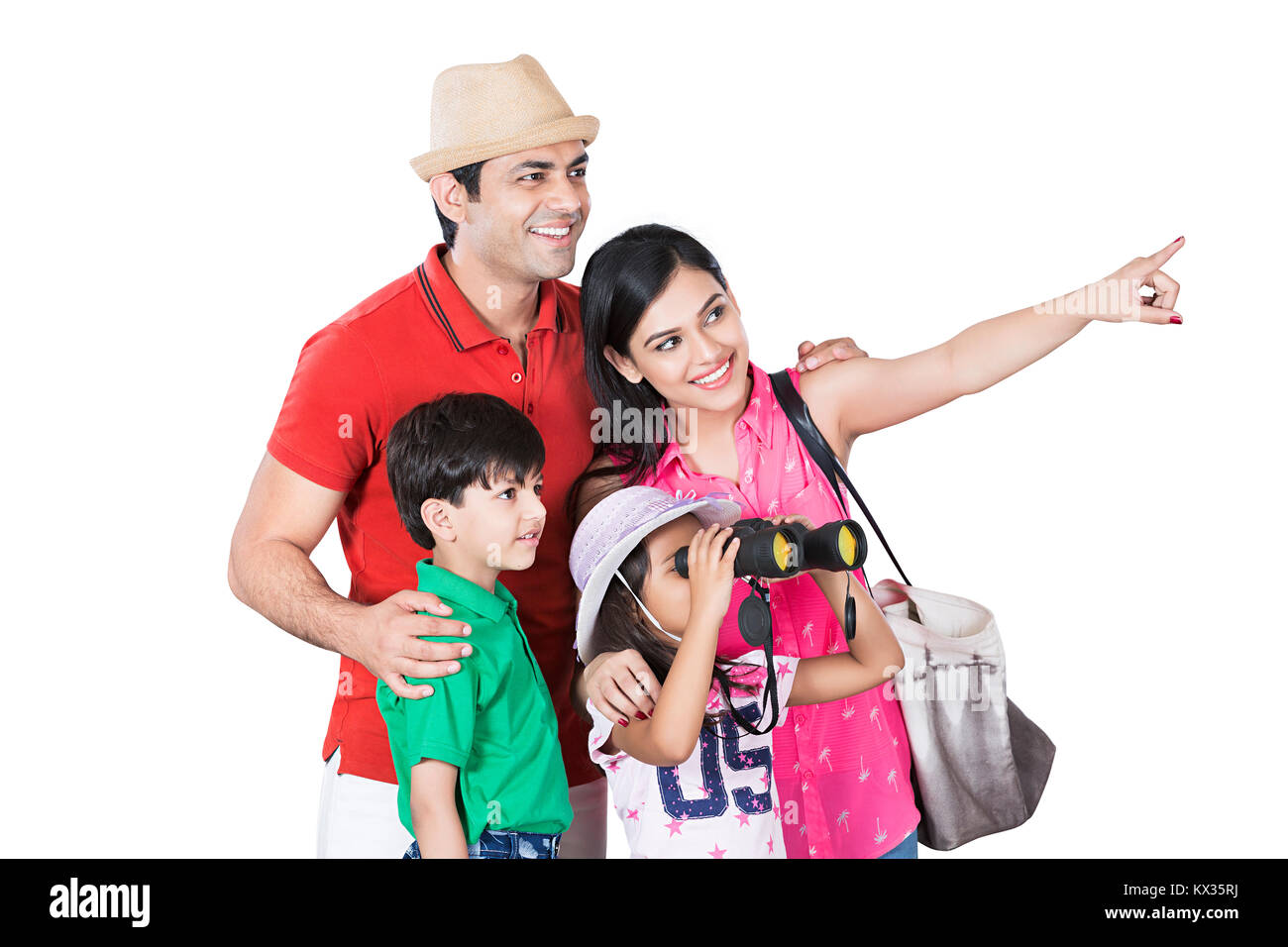 Happy Family Pointing Showing through binoculars Enjoying Summer-Holiday Stock Photo