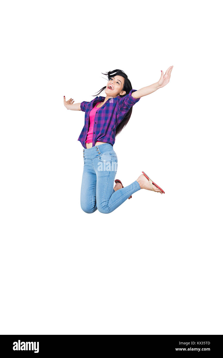 1 Young Female Jumping Having Fun Cheerful Playful White-Background Stock Photo