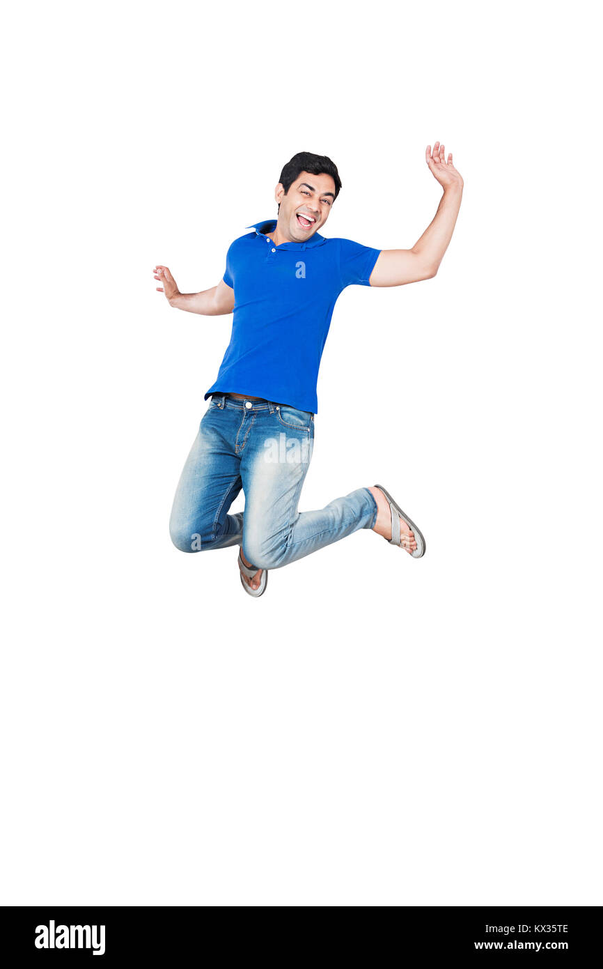 happy Adult Man Jumping Having Fun Cheerful Success-Ful Celebrating Stock Photo