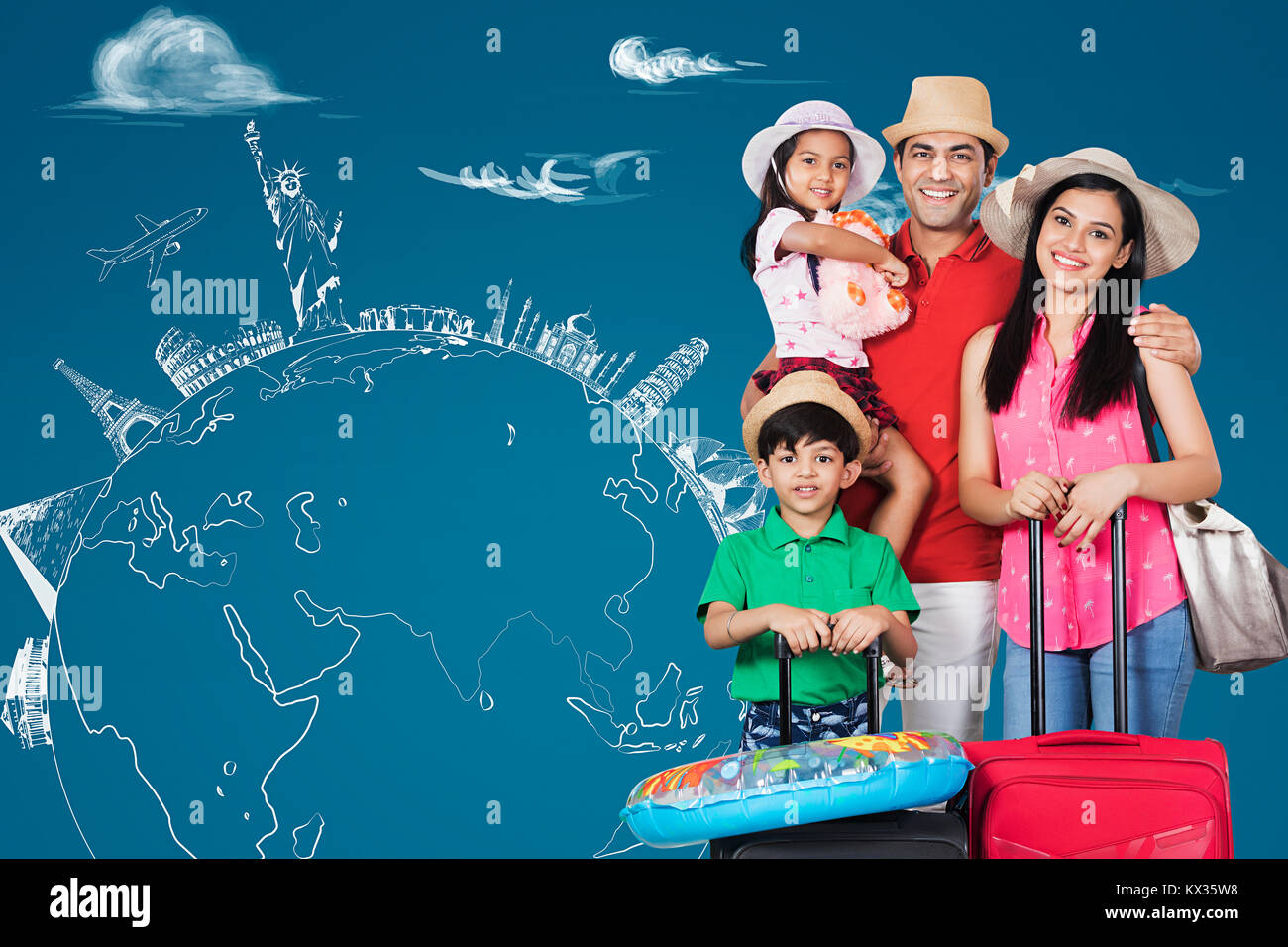 Concept of travelling to the world monument with happy family Stock Photo