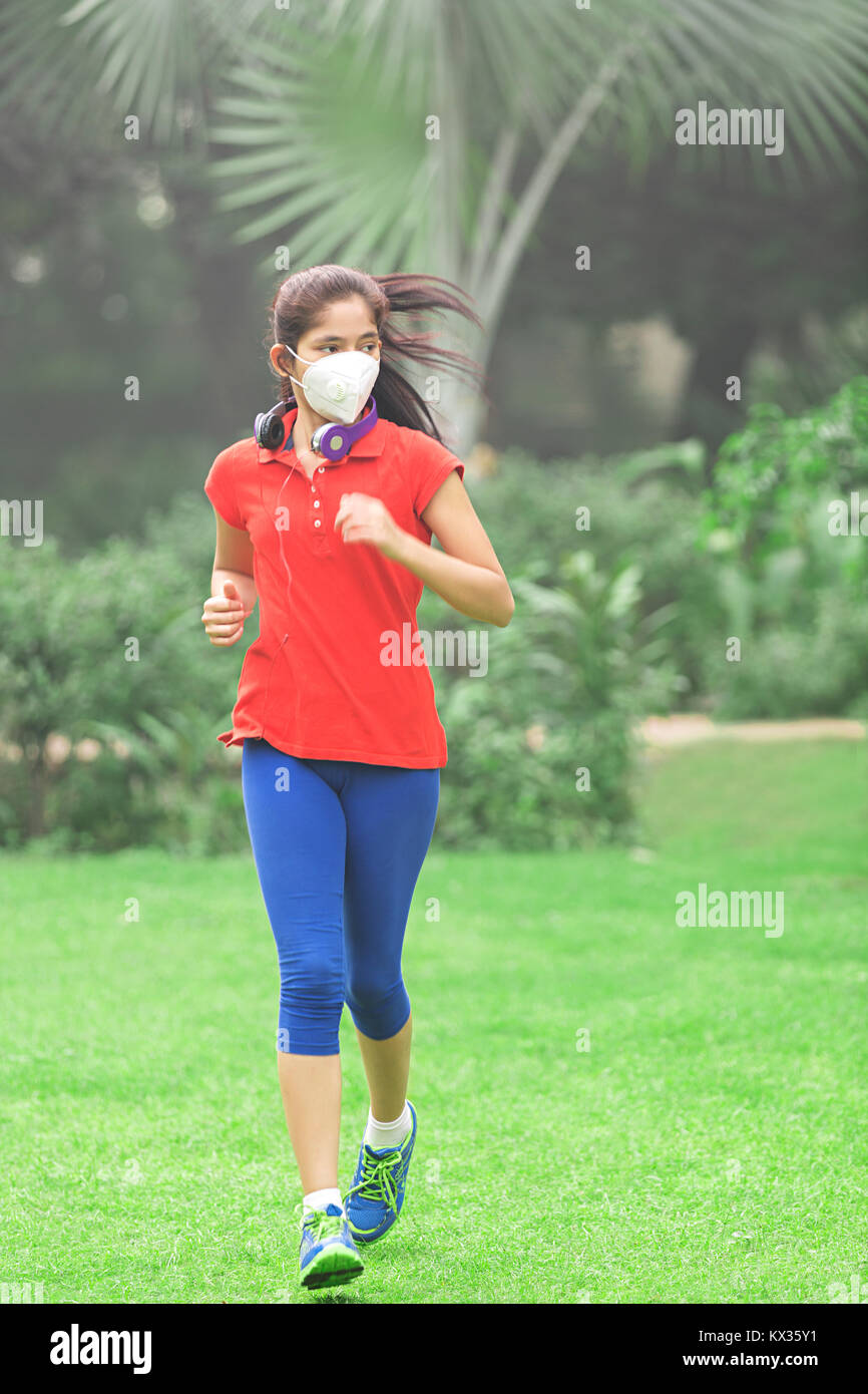 1 Person Fitness Girl Jogging Morning Walk Park Pollution Running Stock