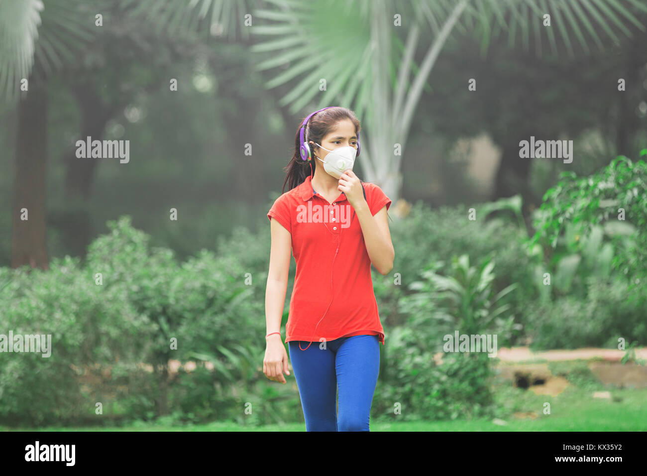 1 Person Exercise Girl Park Pollution Swine Influenza Virus Walking Stock Photo