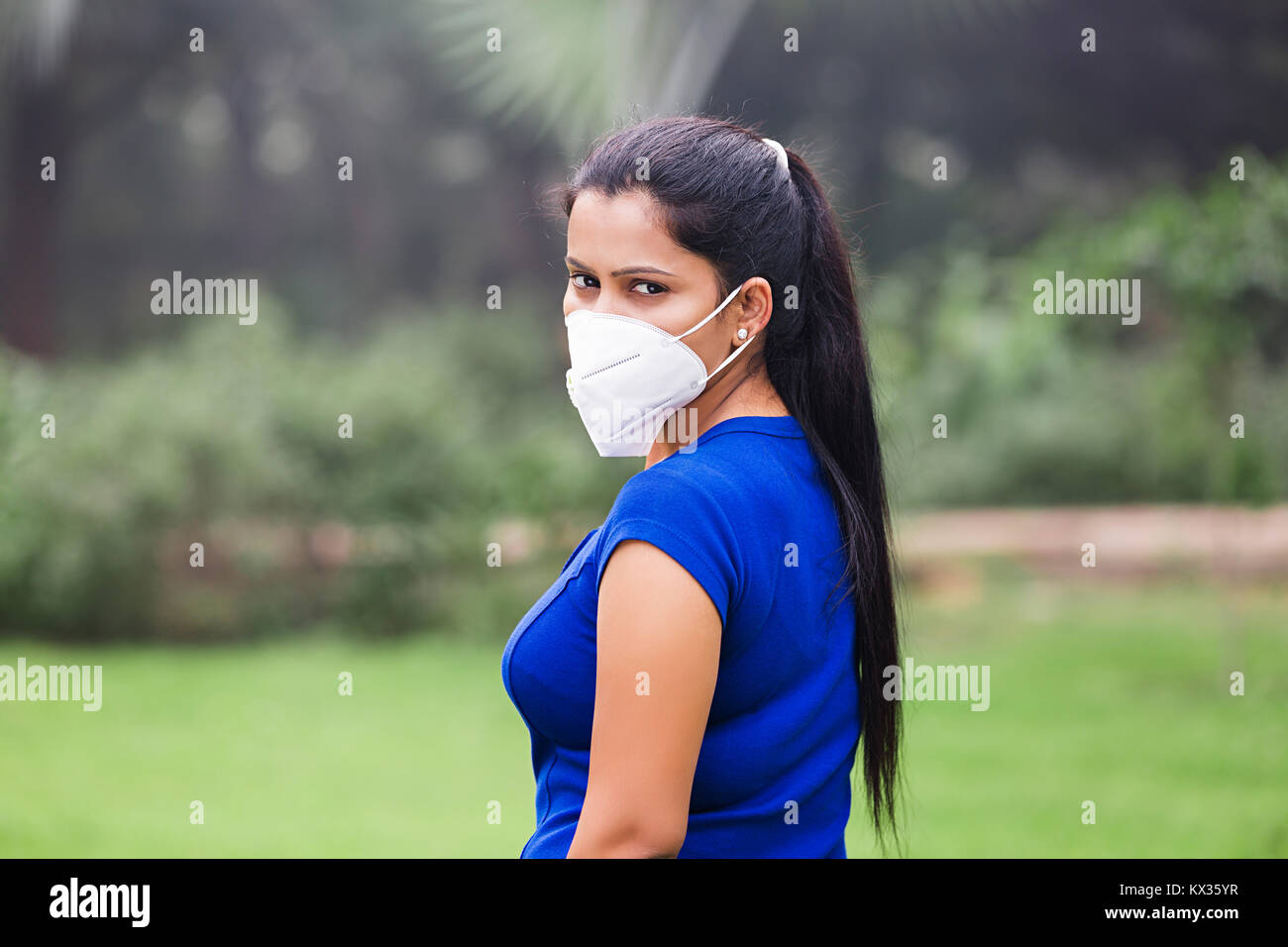 Young Woman Pollution Asthma Problem Covering Mask Park Stock Photo