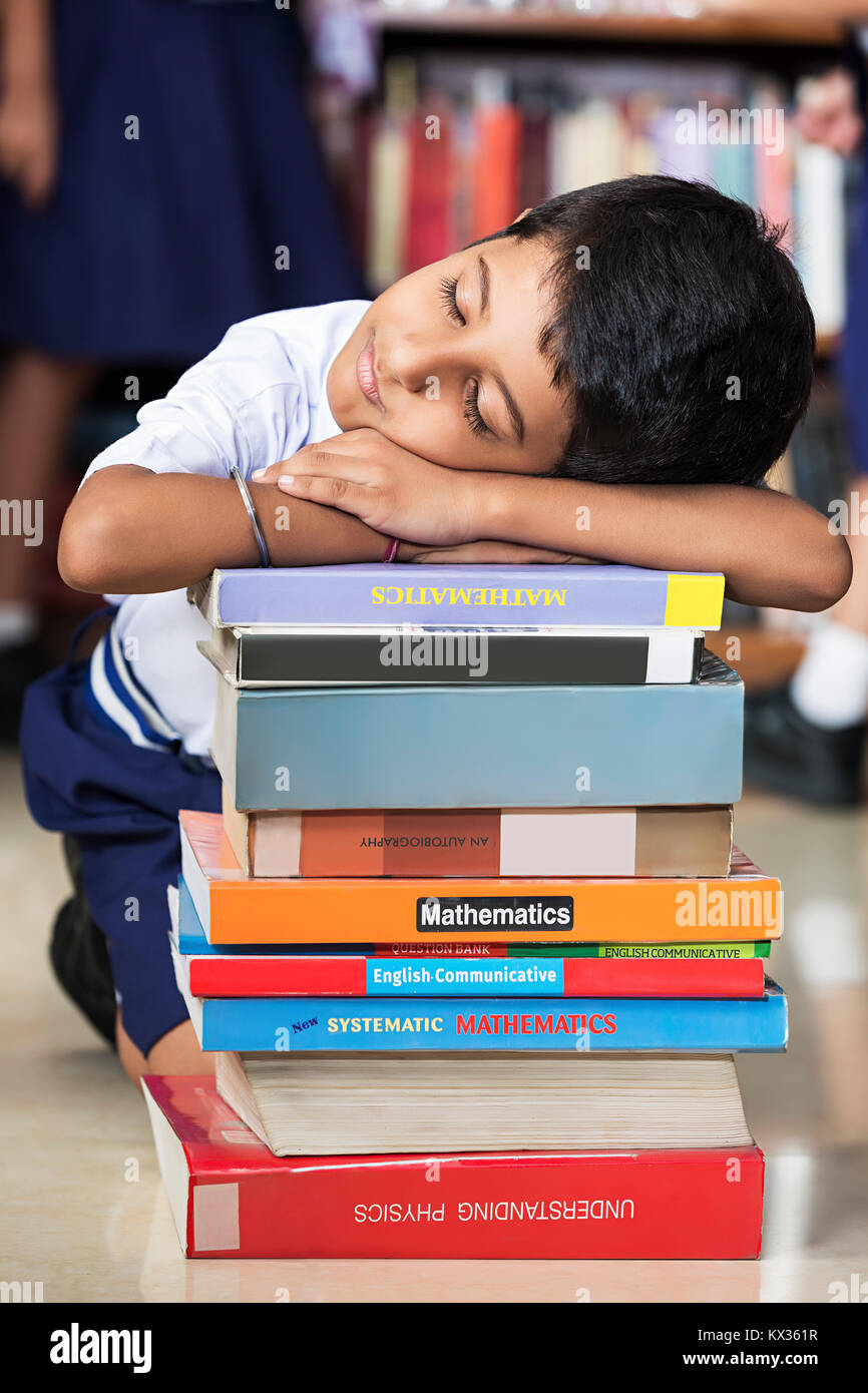 Indian School Little Boy Student Sleeping Books In Library Education ...