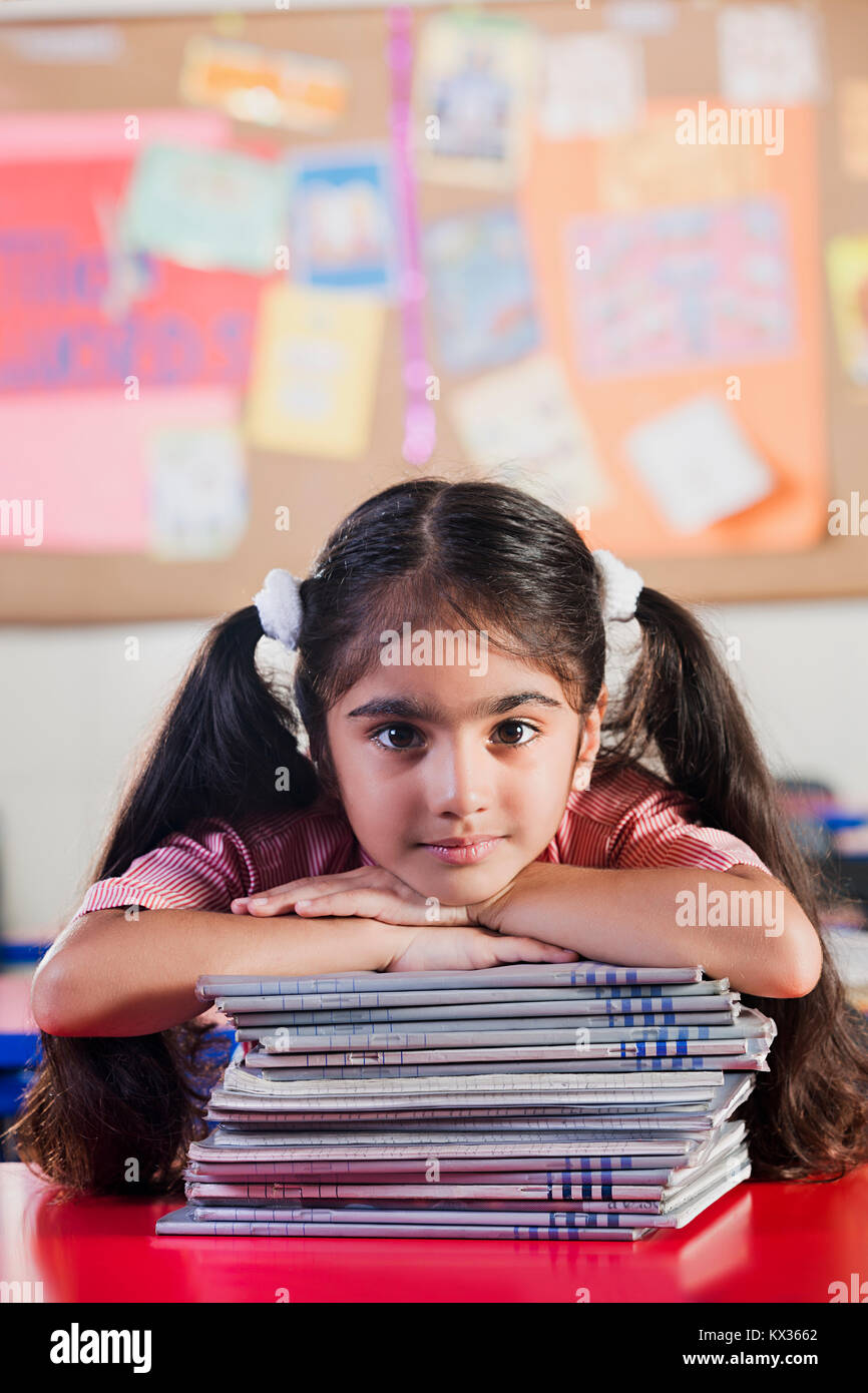 1 Indian School Little Girl Student Book Studying Sitting In Classroom ...