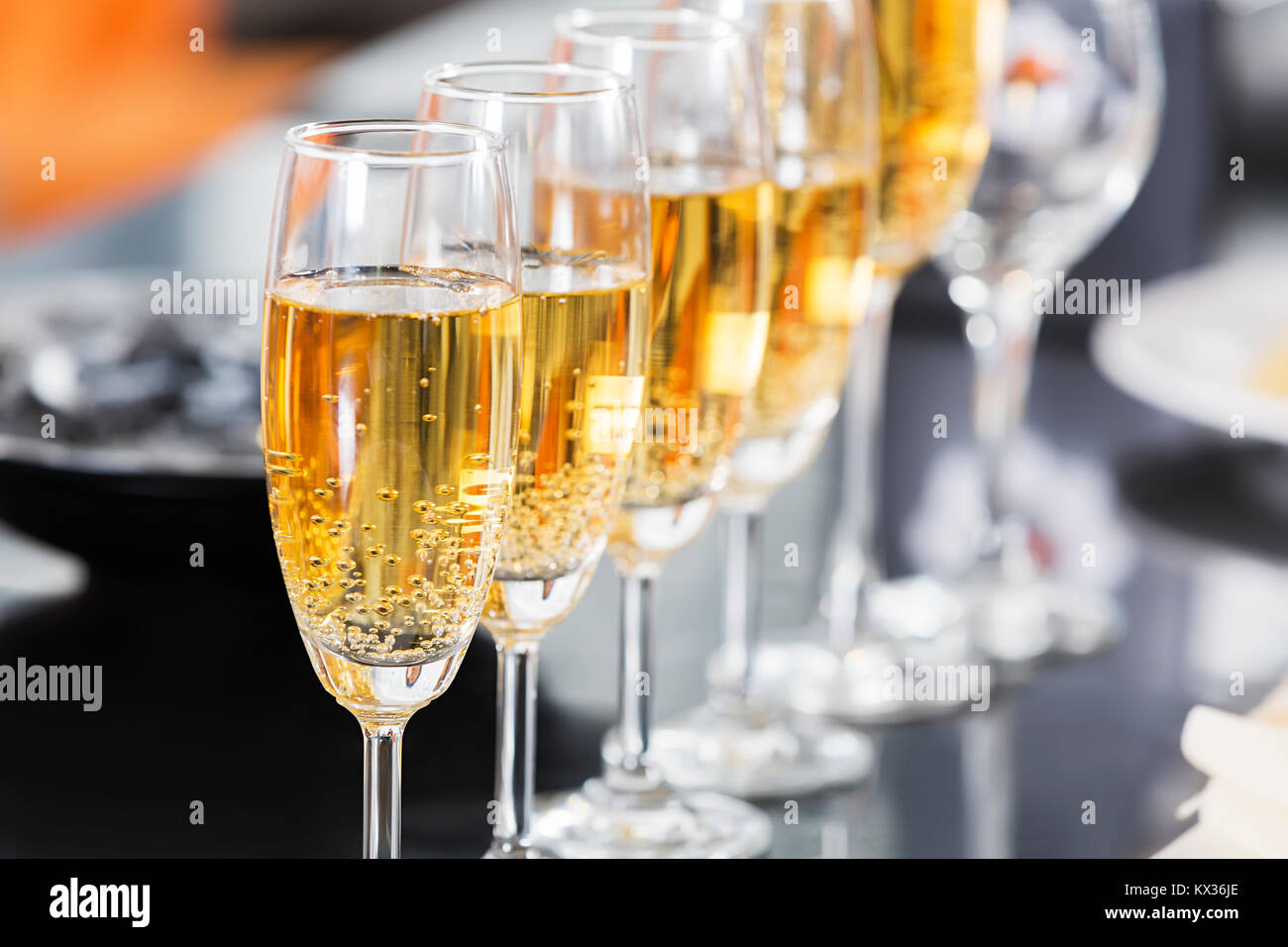 Alcohol Party Concept- Champagne Gasses on The table In Hotel Nobody Stock Photo