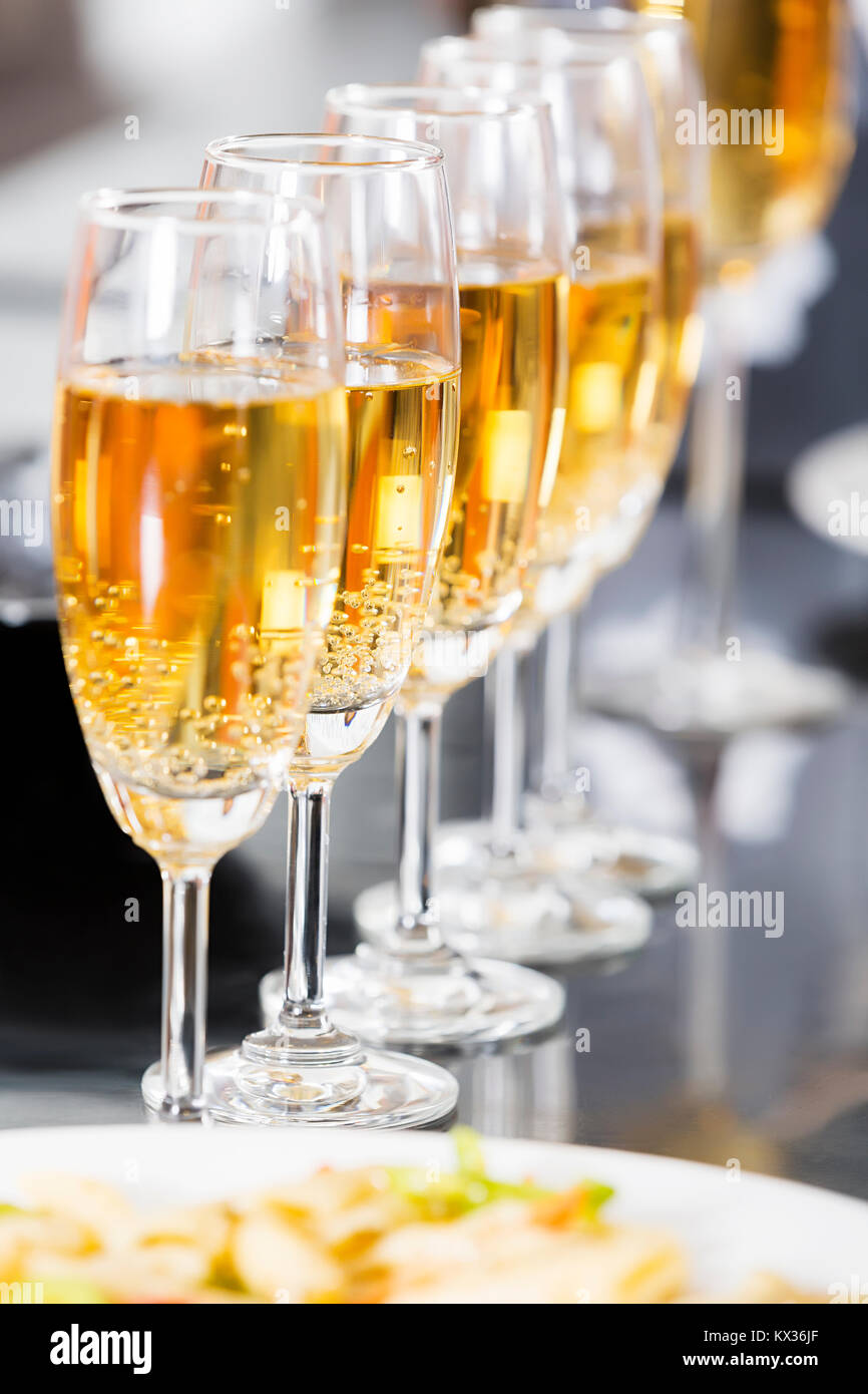 Alcohol Party. Champagne Glasses On Table Restaurant Party Celebration Concept Stock Photo