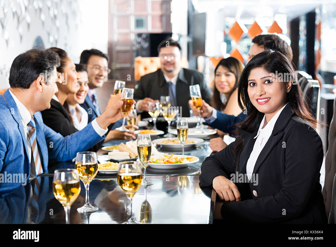 Group Business People Partners Sitting Dining Table Dinner Party Restaurant Stock Photo