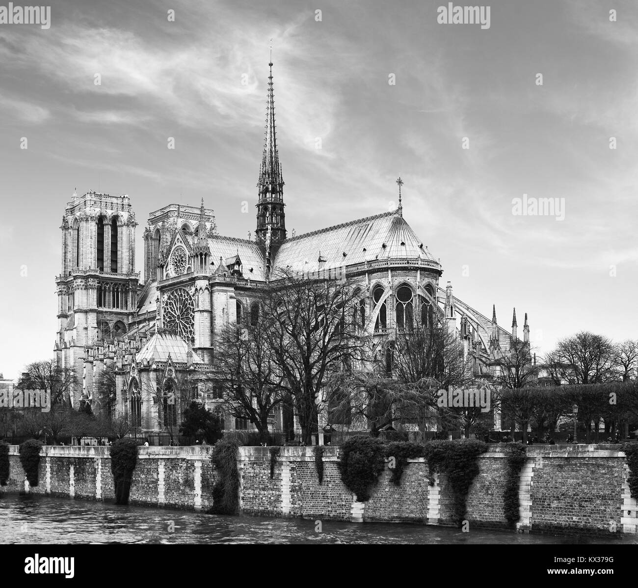 Notre Dame de Paris. View from the south. Photo in retro style. Black and white. Noise added Stock Photo