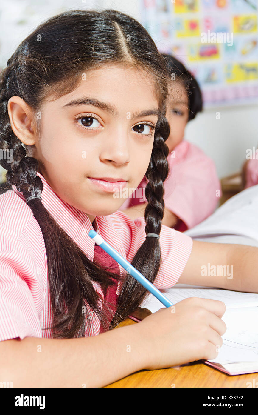 Indian School Little Girl Book Studying Education In Class Stock Photo