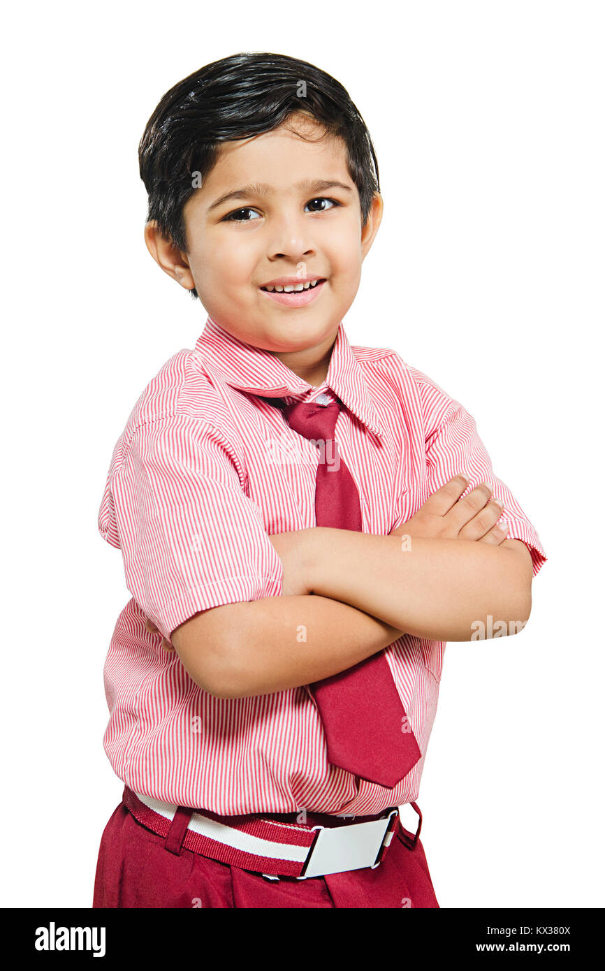 1 Indian School Kid Boy Student Arms Crossed Standing Stock Photo
