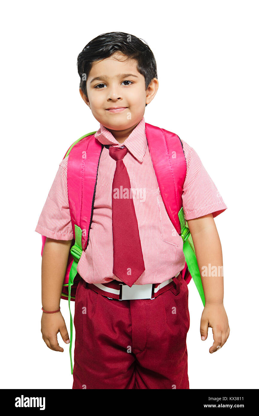 1 Indian School Kid Boy Student Standing Carrying On Bag Stock Photo