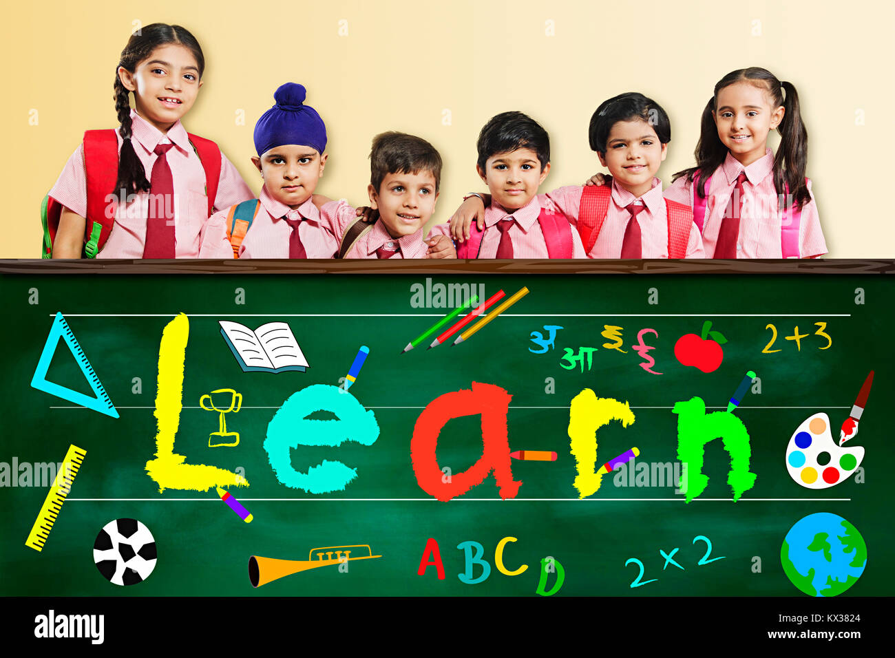 Group Indian School Childrens Students Friends Blackboard Education in Classroom Stock Photo
