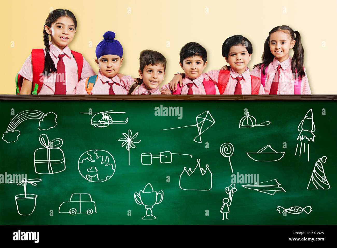 Group Indian School Childrens Students Classmate Blackboard Education in Classroom Stock Photo