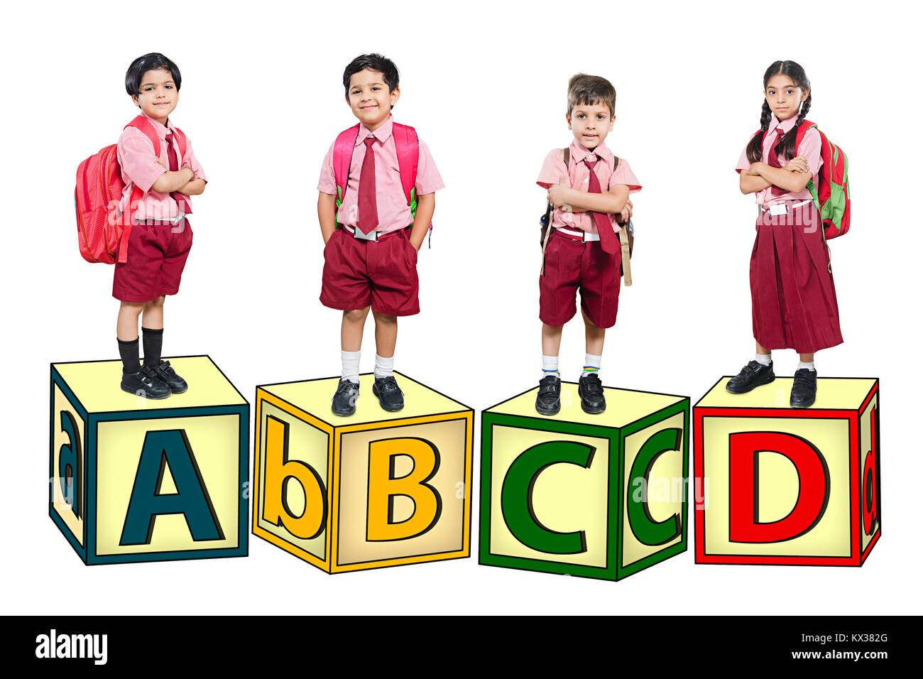 Indian School Childrens Students Classmate Standing Block s Alphabet Studio Shot Stock Photo