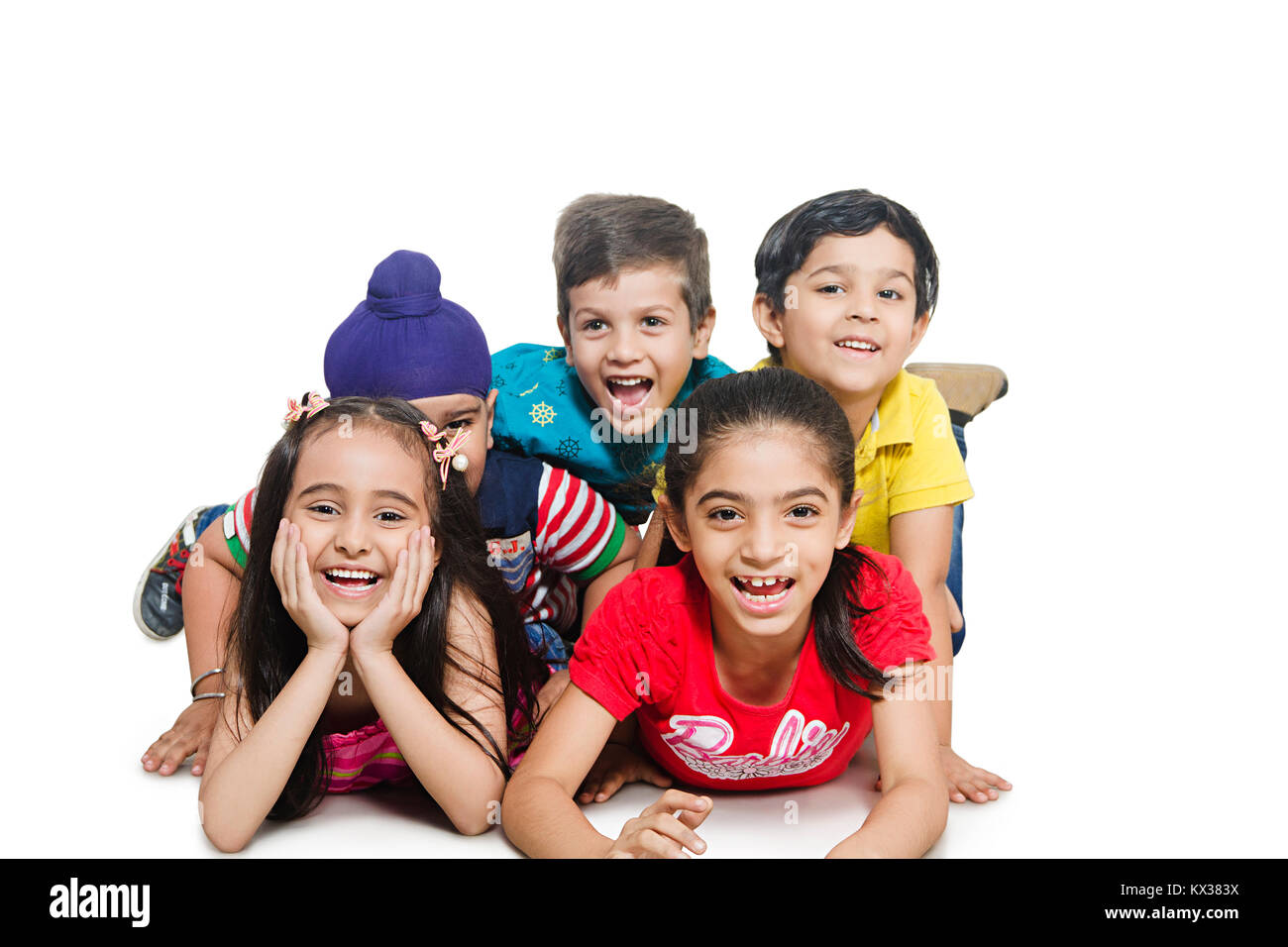 Group Indian Kids Friends Lying Down Together Having Fun Cheerful Stock Photo