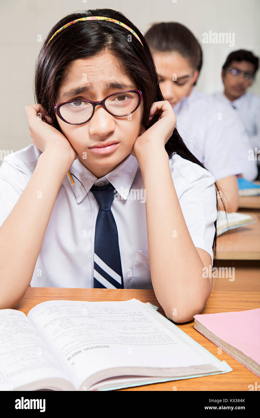 Sad 1 Indian School Girl Student Reading Book Study Classroom Stock 