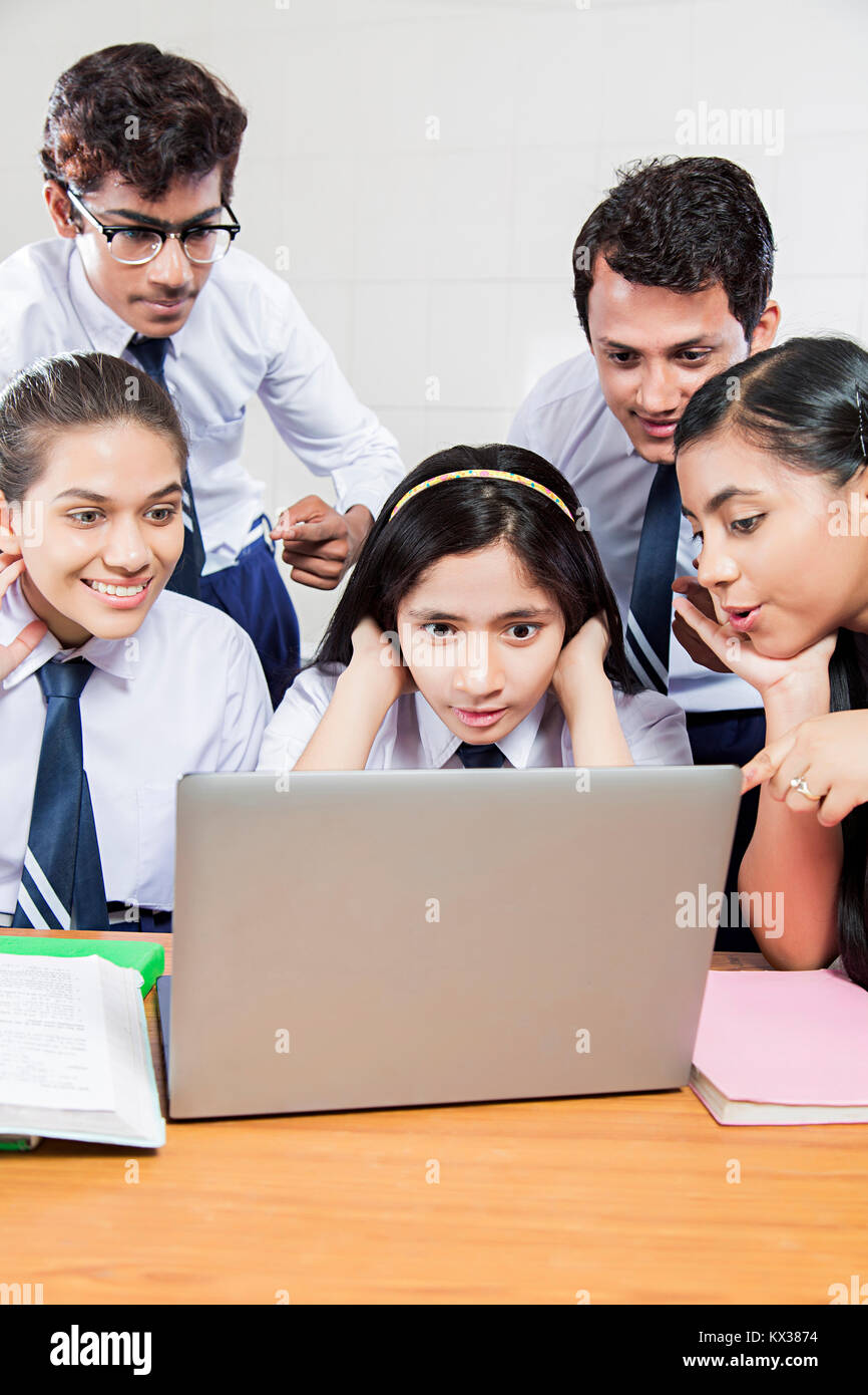 Surprise d Indian High School Students Friends Laptop Watching Studying Classroom Stock Photo