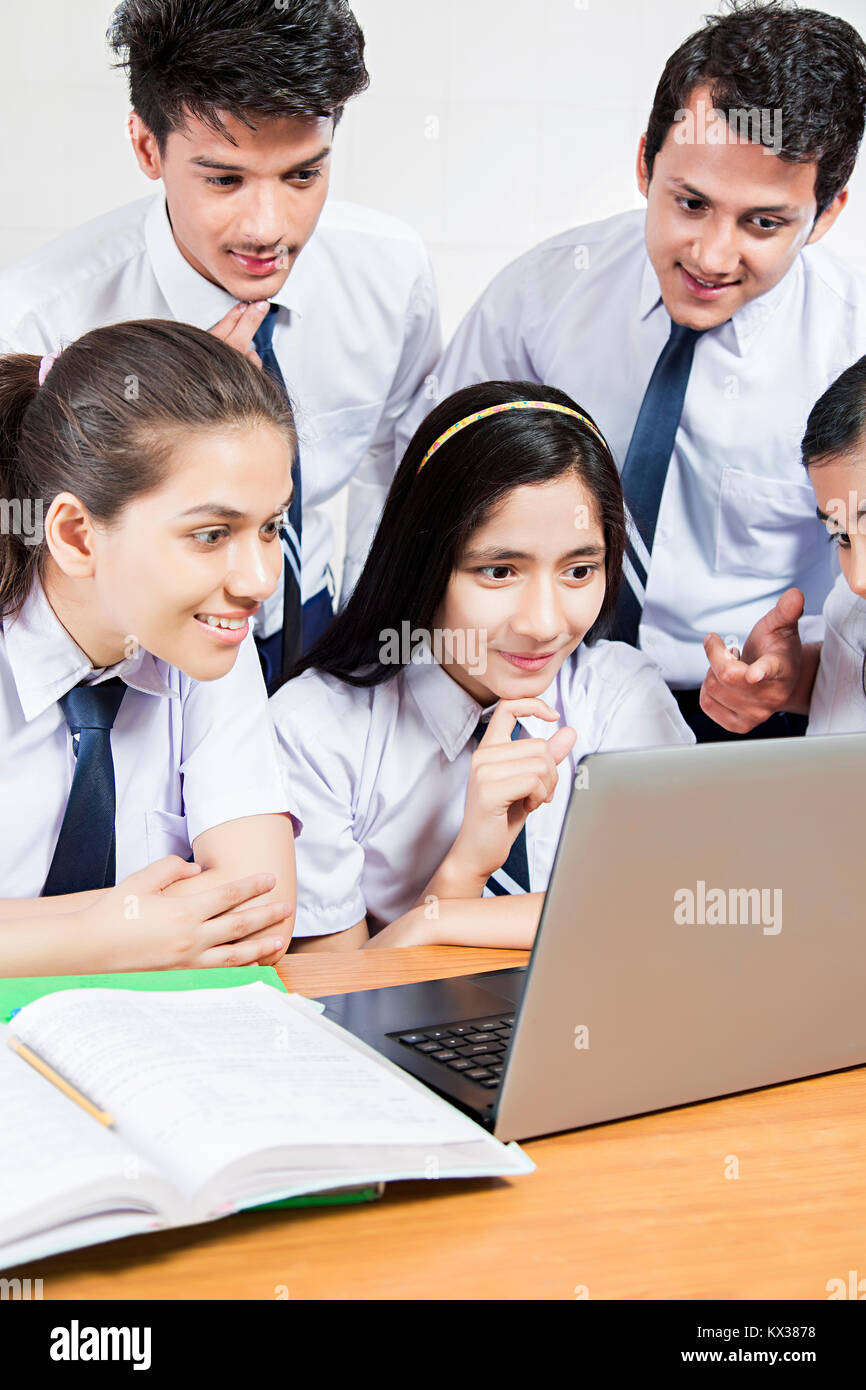 Group Indian Teenagers School Students Classmate Watching Laptop Study Education Stock Photo