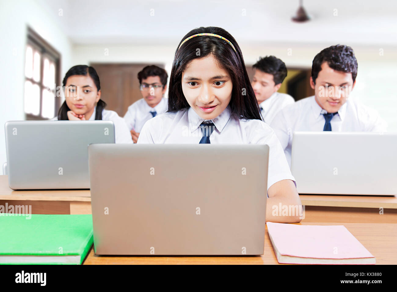 1 Indian School Teenager Girl Student Laptop Study Education Classroom Stock Photo