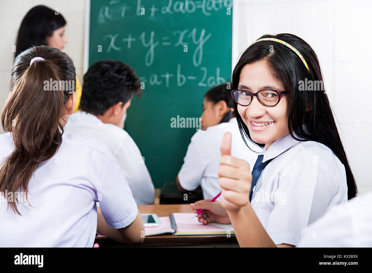 Indian School Students Teenager Girl Showing Thumbsup Study Education Class Stock Photo