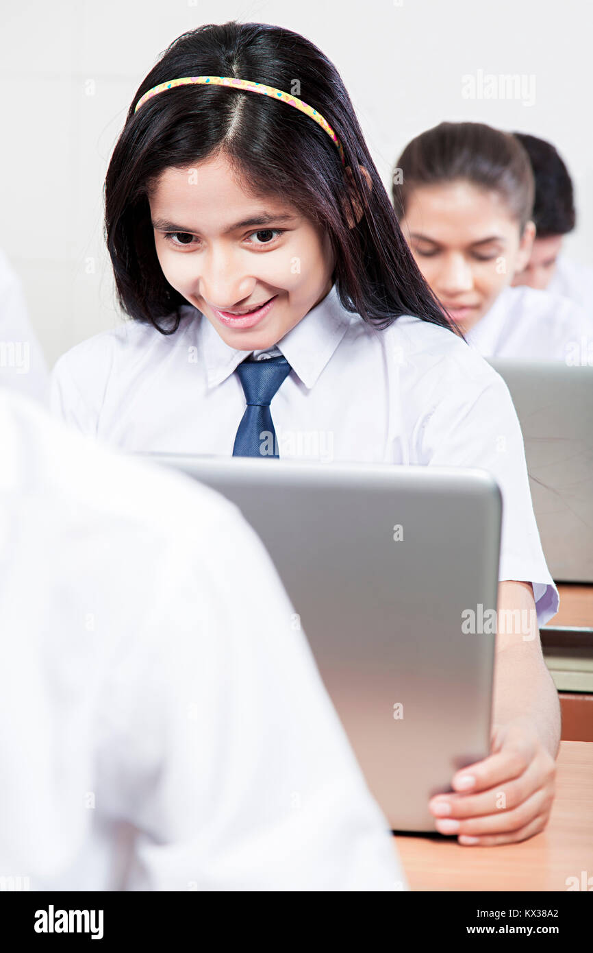 1 Indian School Teenager Girl Student Using Laptop Study Education Stock Photo