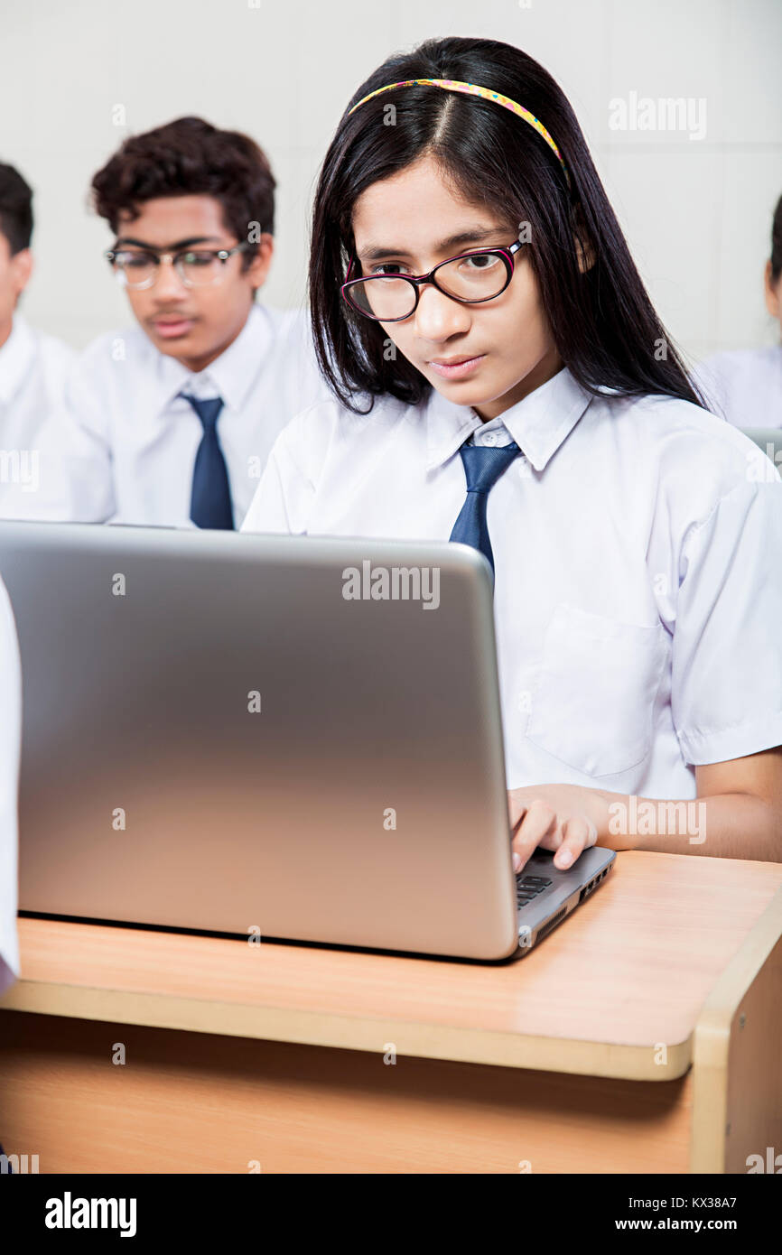 Indian School Girl Student Using Laptop Study Education In Class Stock ...
