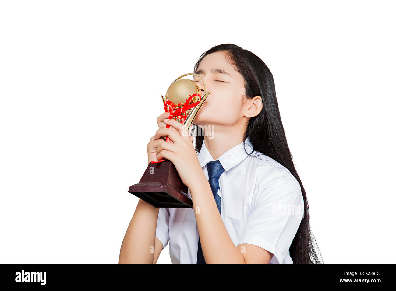 1 Indian Young Girl School Student Kissing Victory Trophy Success Stock Photo