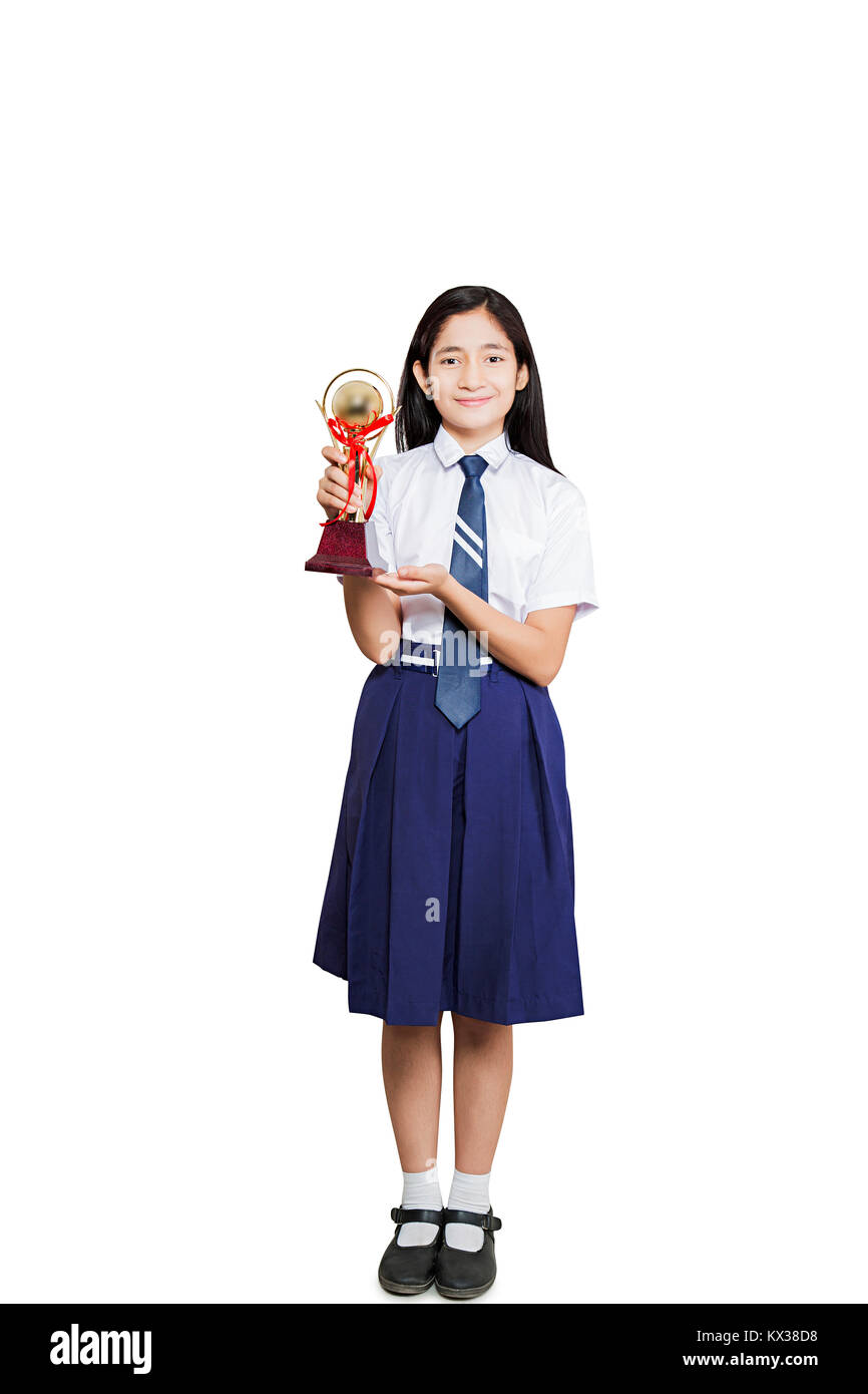 1 Indian Teenager Girl School Student Showing Winning Trophy Success Stock Photo