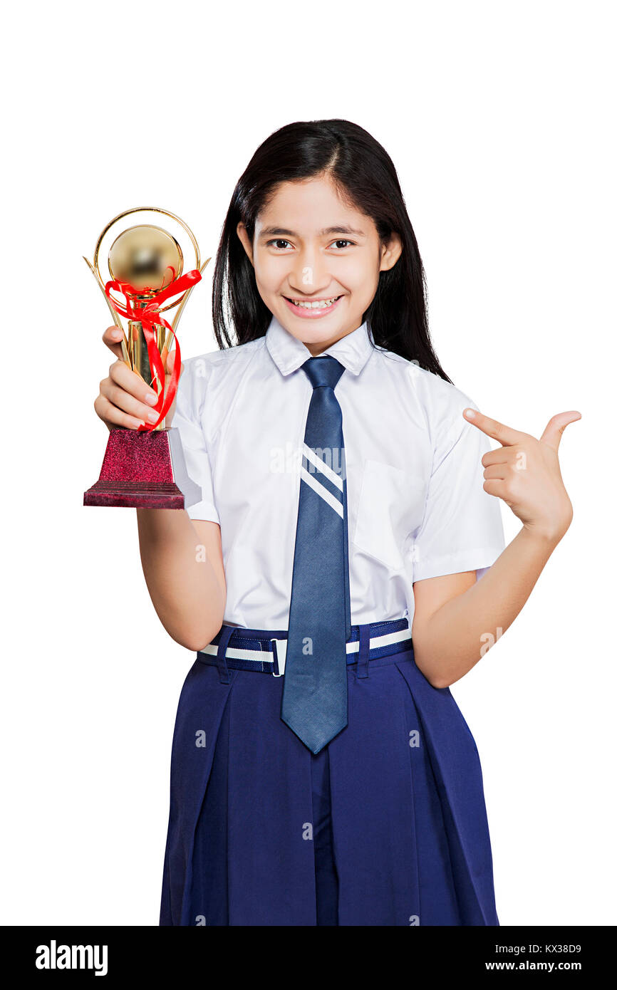 1 Indian Girl School Student Finger Pointing Showing Victory Trophy Stock Photo