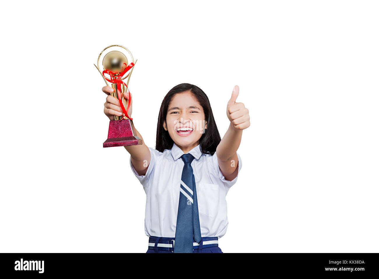 1 Indian High School Student Showing Thumbsup Victory Trophy Success Stock Photo